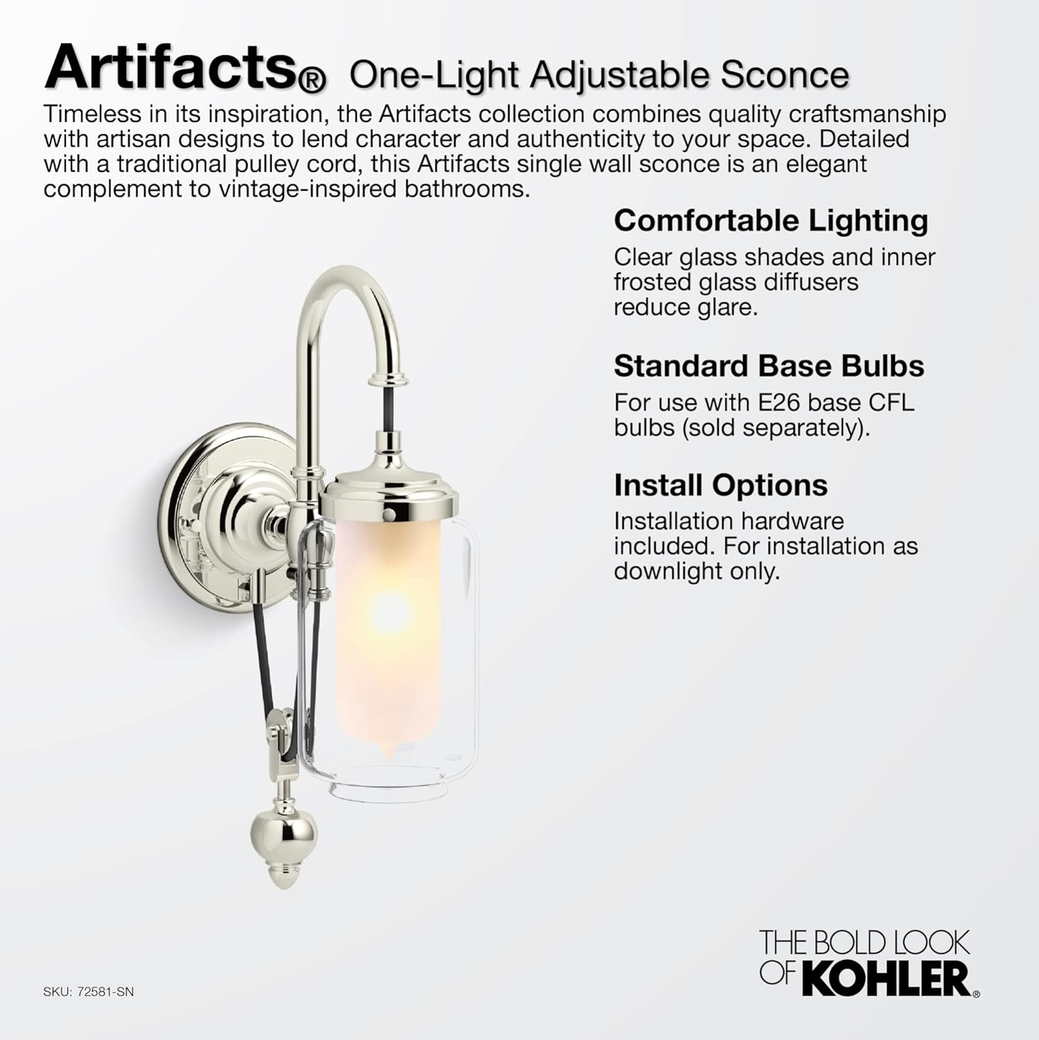 Artifacts Adjustable Polished Nickel Single Wall Sconce