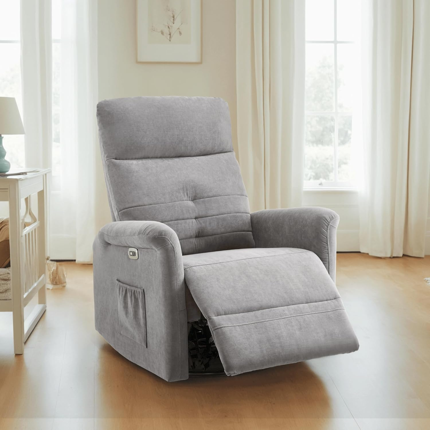 Light Grey Faux Leather Swivel Recliner with Metal Frame