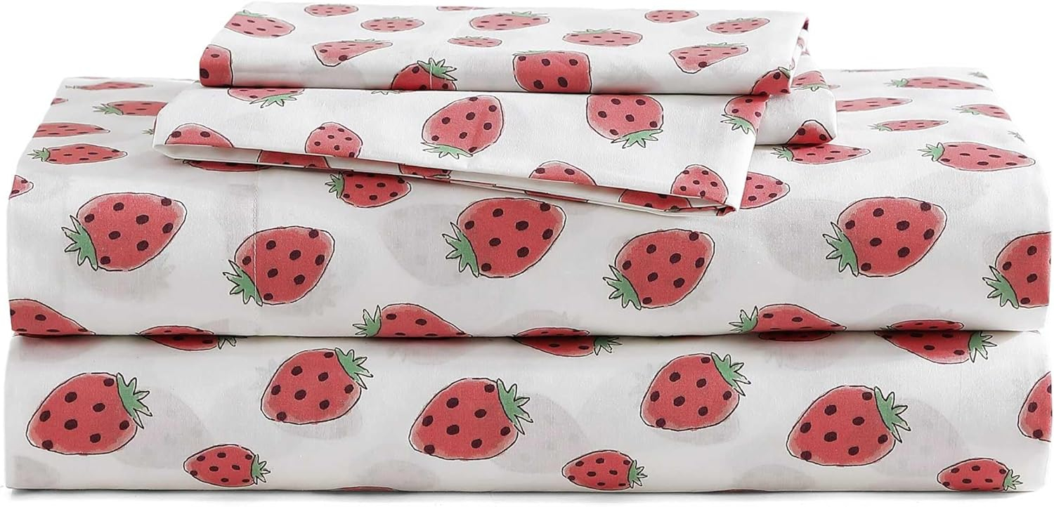 Poppy & Fritz - Full Sheets, Luxurious Cotton Percale Bedding Set, Crisp & Cool, Super Soft Bed Essentials (Strawberry Picnic Pink, Full)