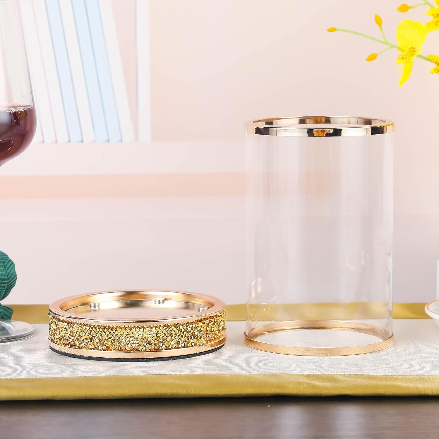 Pillar Candle Holders Set of 2,Hurricane Candle Holders,Candlesticks Holder With Glass Hurricane Lid,Metal Candle Holder For Coffee Dining Table, Wedding, Christmas, Home Decoration,Gold Candle Holder