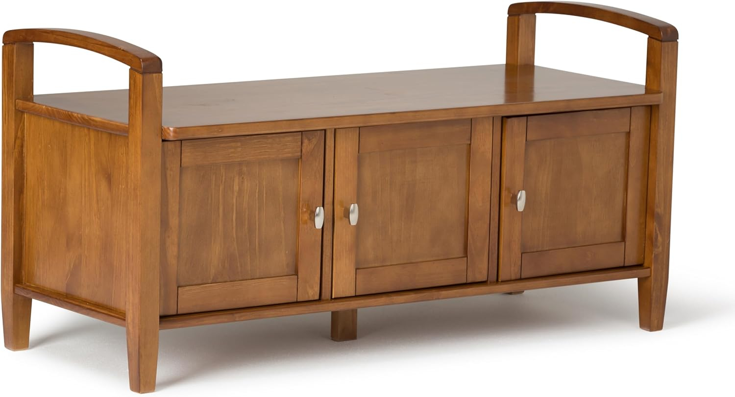 Simpli Home Warm Shaker Wood 44" Transitional Entryway Bench in Light Golden Brown