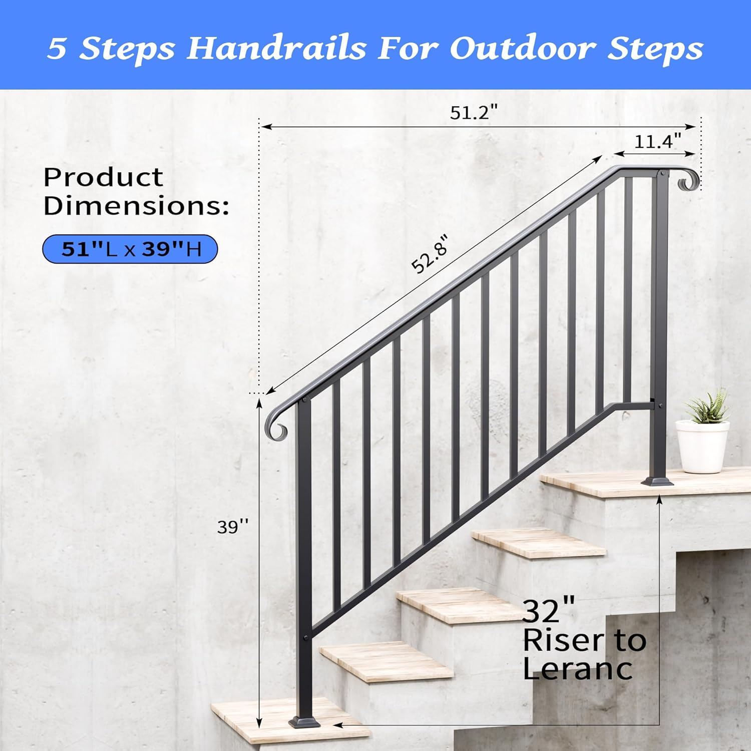 2 Pack 5 Step Handrails for Outdoor Steps, Wrought Iron Stair Railing Fits 4 or 5 Steps, Metal Hand Rail with Installation Kit, Staircase Handrails for Concrete, Porch, Deck, Exterior Steps, Black