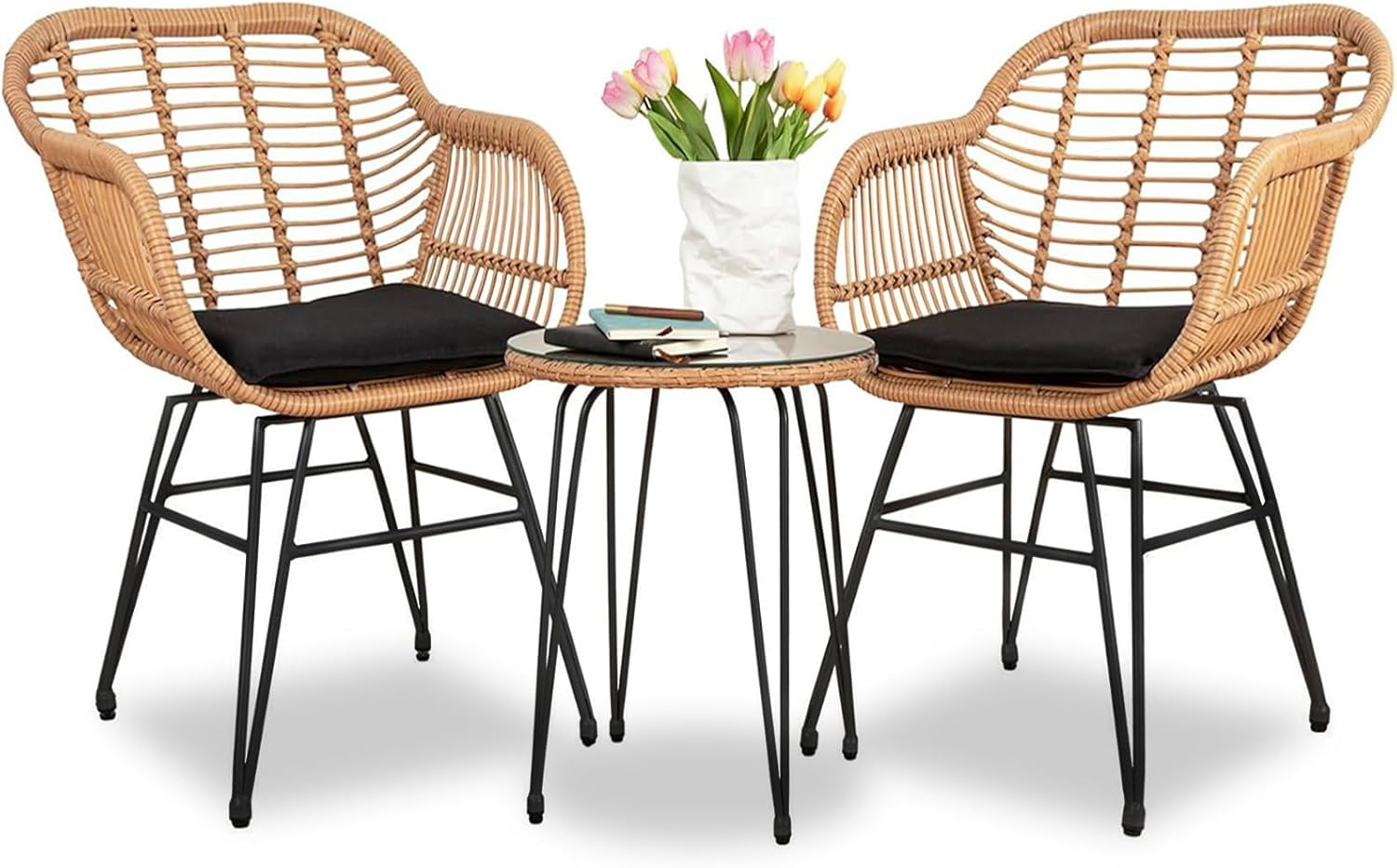 3 Piece Outdoor Wicker Furniture Patio Bistro Set, Balcony Furniture Rattan Conversation Sets, Outdoor Patio Chairs Set for Porch Poolside Garden, Black