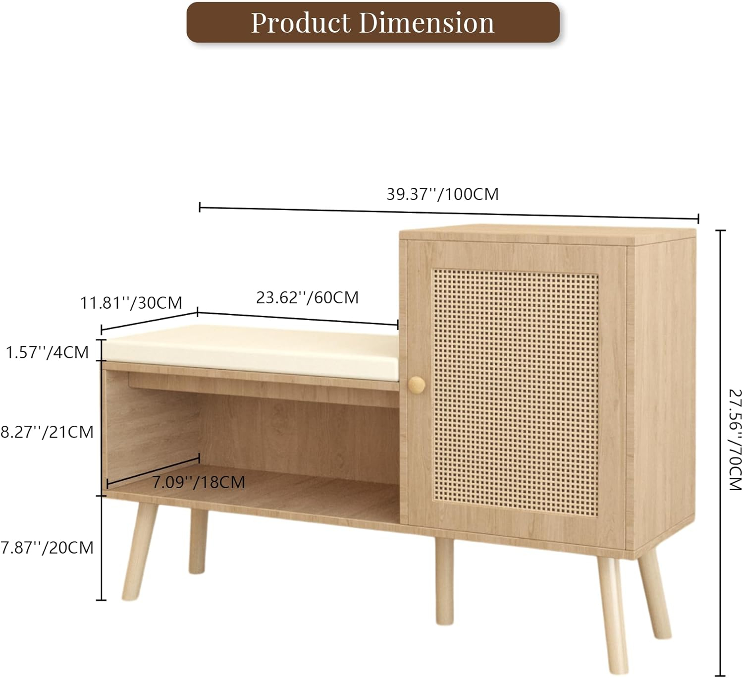 Natural Rattan Wood Shoe Storage Bench with Removable Cushion