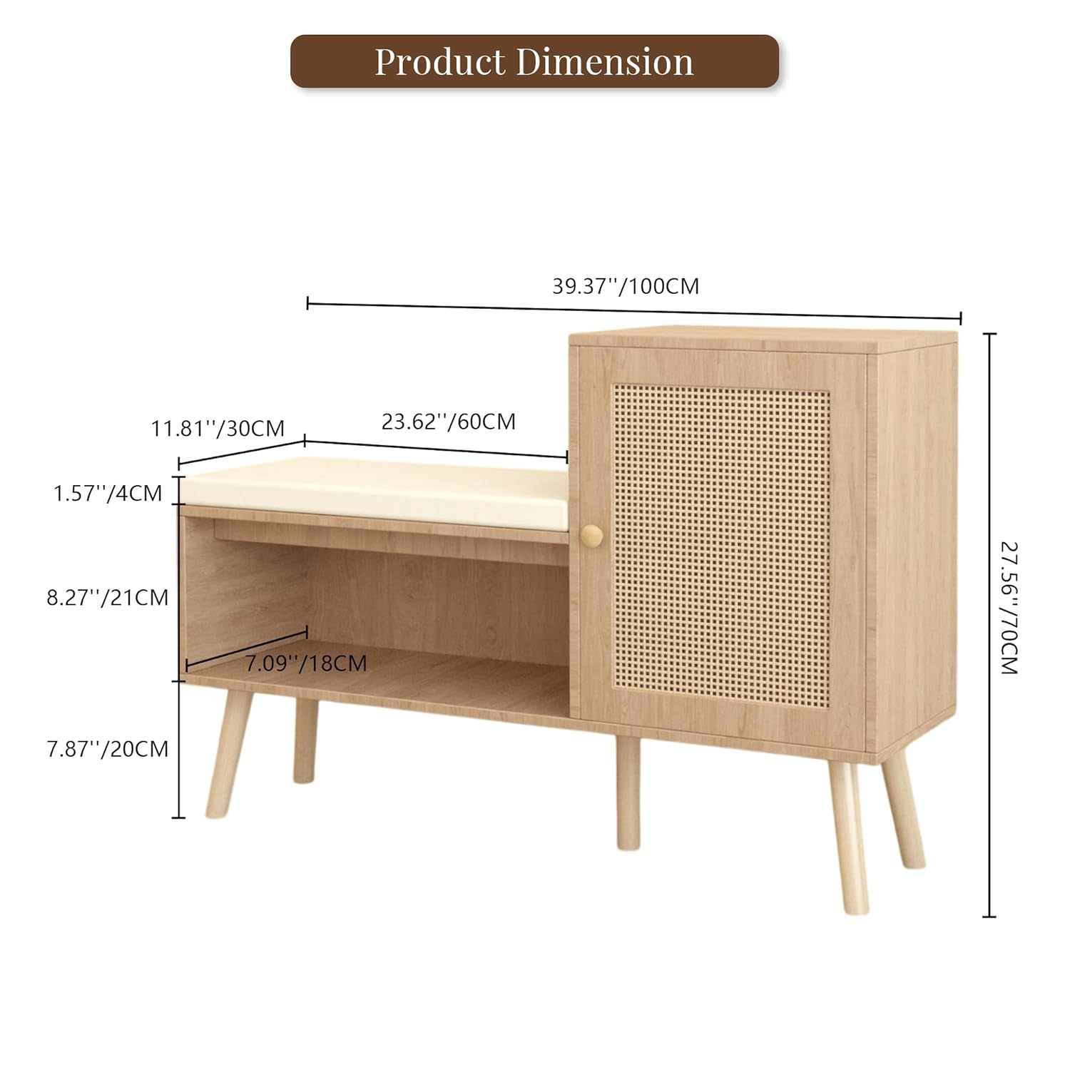 Natural Rattan Wood Shoe Storage Bench with Removable Cushion