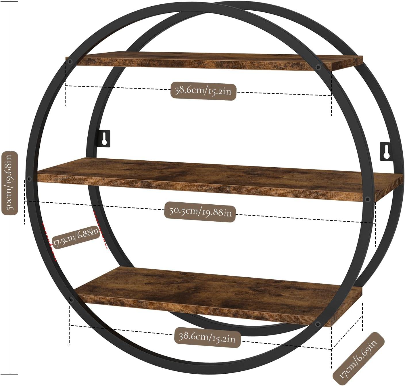 Floating Shelves, 3 Tier Decorative Geometric Circle Metal and Wood Wall Shelves, Bathroom Shelf Round Wall Decor, Rustic Brown