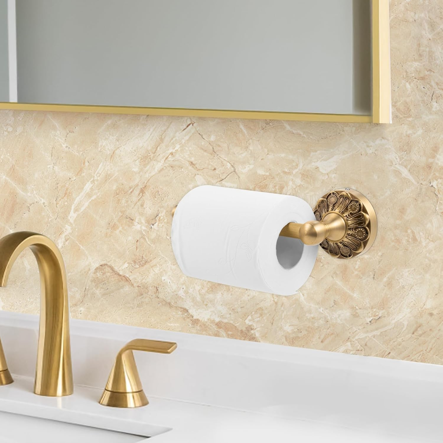 Lucyound Antique Brass Toilet Paper Holder, Bathroom Tissue Roll Holder Wall Mount, Vintage Gold Decorative Bathroom Accessories, Petal-Relief Series C3