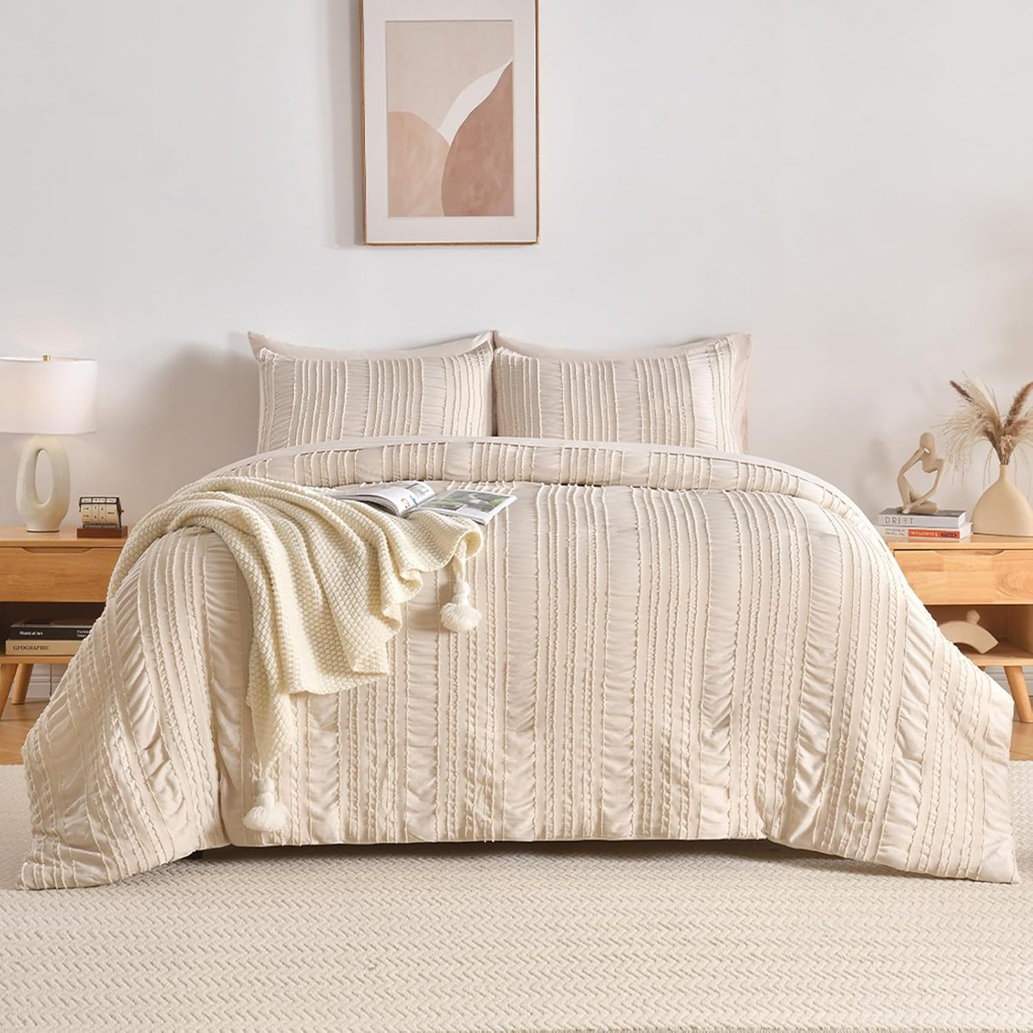 Beige Tufted Comforter Set Queen Size 7 Piece Bed in a Bag，Shabby Chic Boho Bedding for Bedroom Comforter，All Season Soft Microfiber Ruffle Comforter Set with Pillow and Sheets
