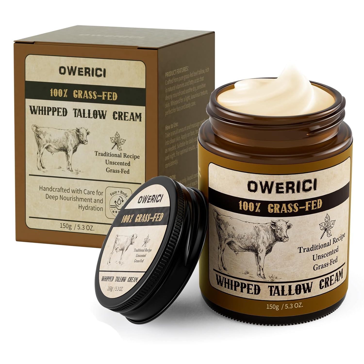 Beef Tallow for Skin, Tallow Face Moisturizer, 100% Grass Fed and Finished, Deeply Moisturizing for Face & Body, Whipped Cream Natural Care for Soft Supple (5.3 OZ., Extra Large)