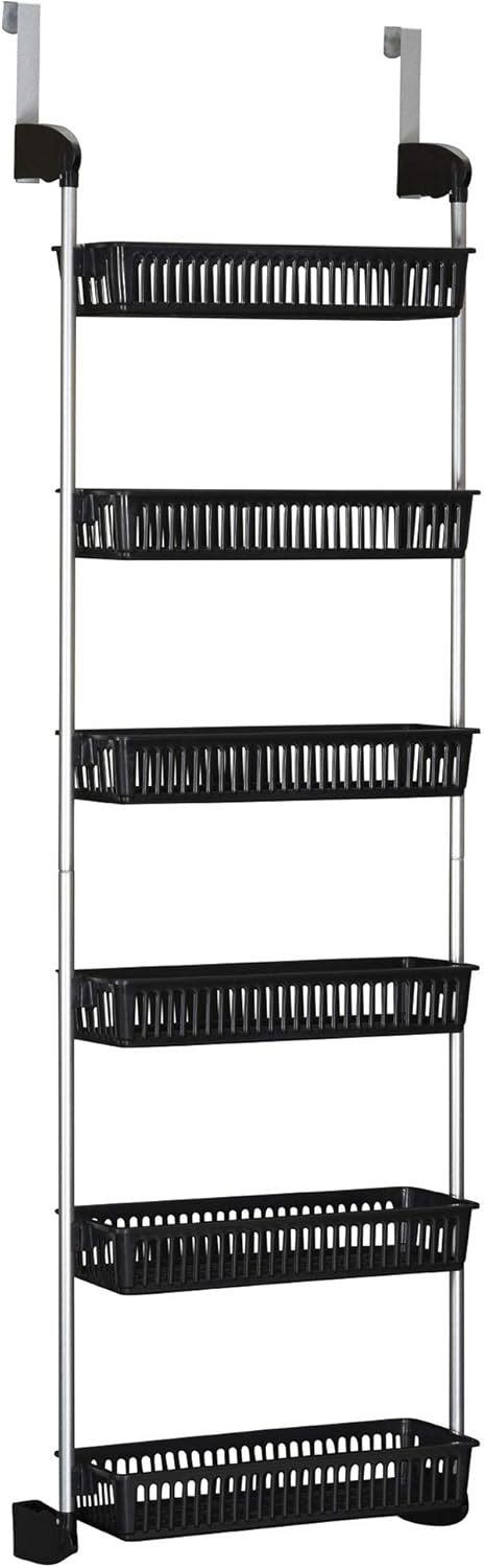 Household Essentials Over the Door Storage Rack, 6 Basket Door Organizer, Great for Use in Pantry as Spice Rack, Black