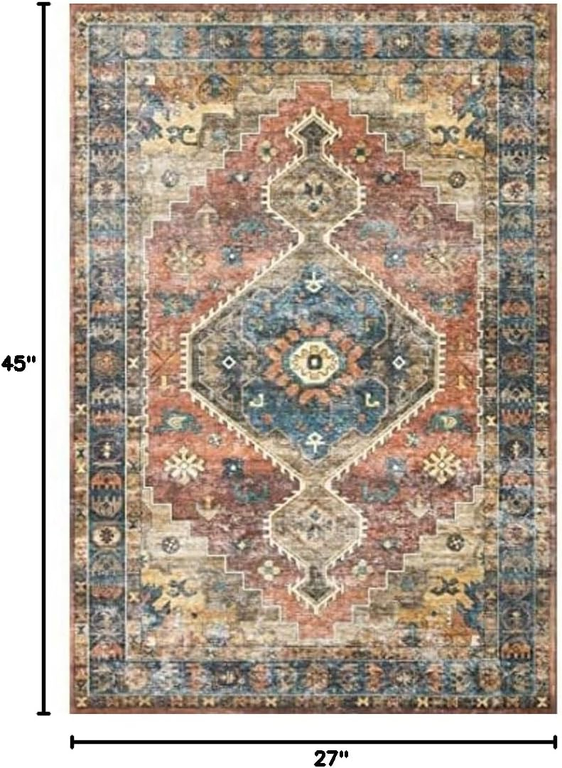 Rust and Blue Vintage Rectangular Polyester Area Rug