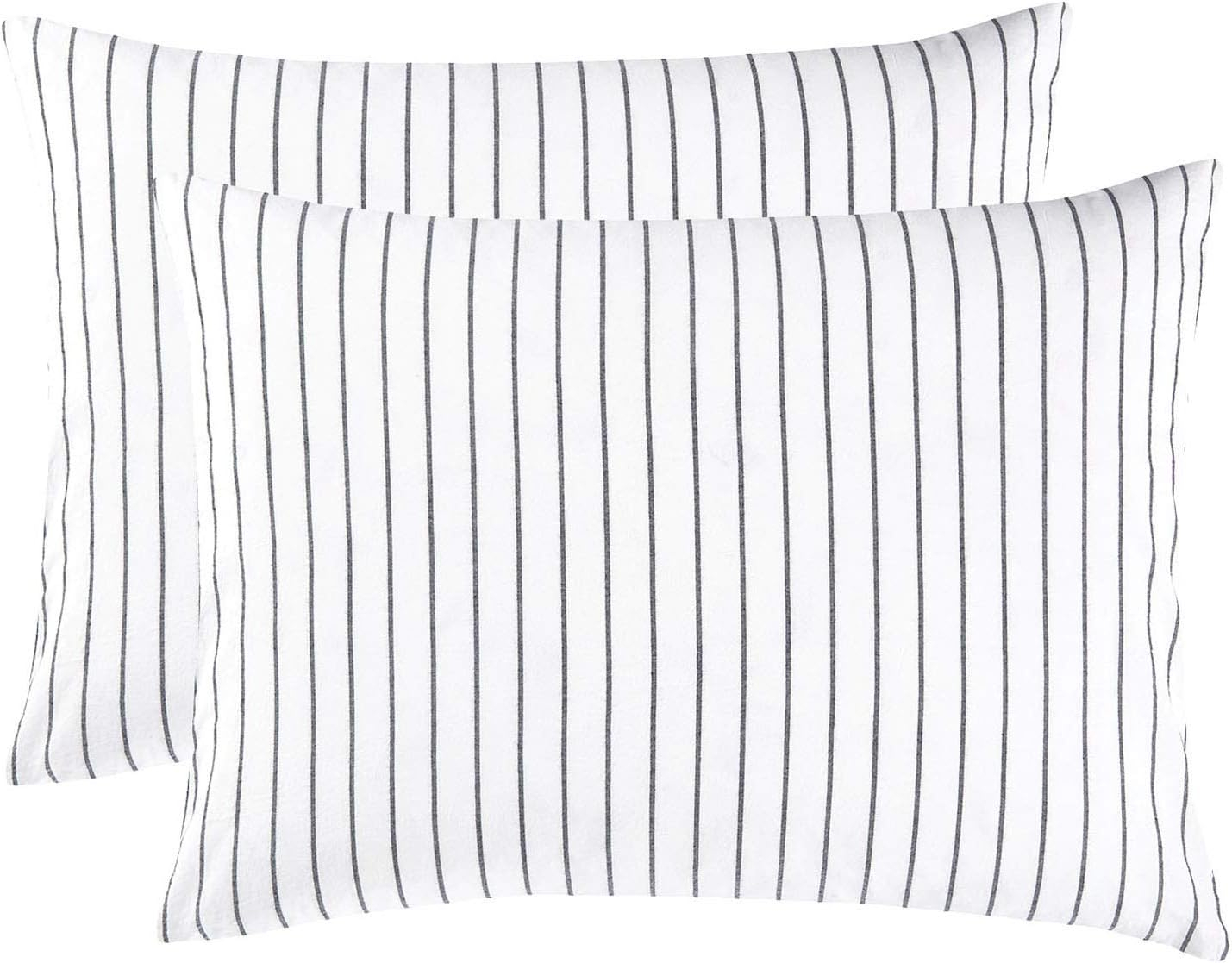 Wake In Cloud - Striped Pillow Cases, 100% Washed Cotton, Ticking Stripe Vertical Pinstripe Neutral Farmhouse, Set of 2 Pillowcases Pillow Shams Covers, Gray, Standard Size 20x26 Inches