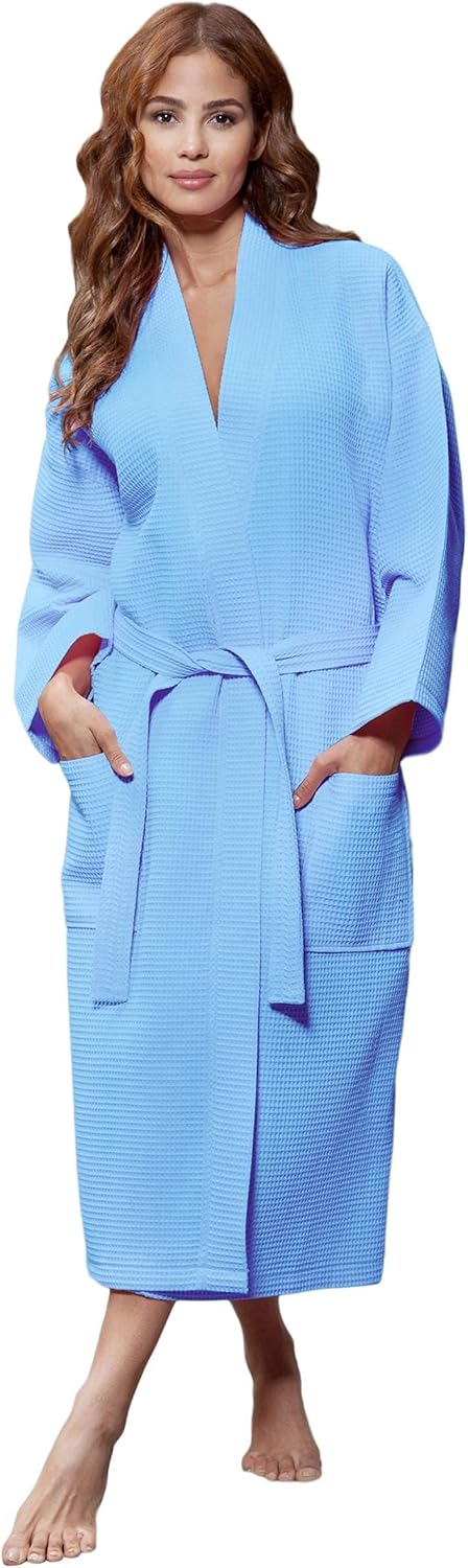 Turquaz Linen Lightweight Long Waffle Kimono Unisex Spa Robe (XXL, Serenity Blue)