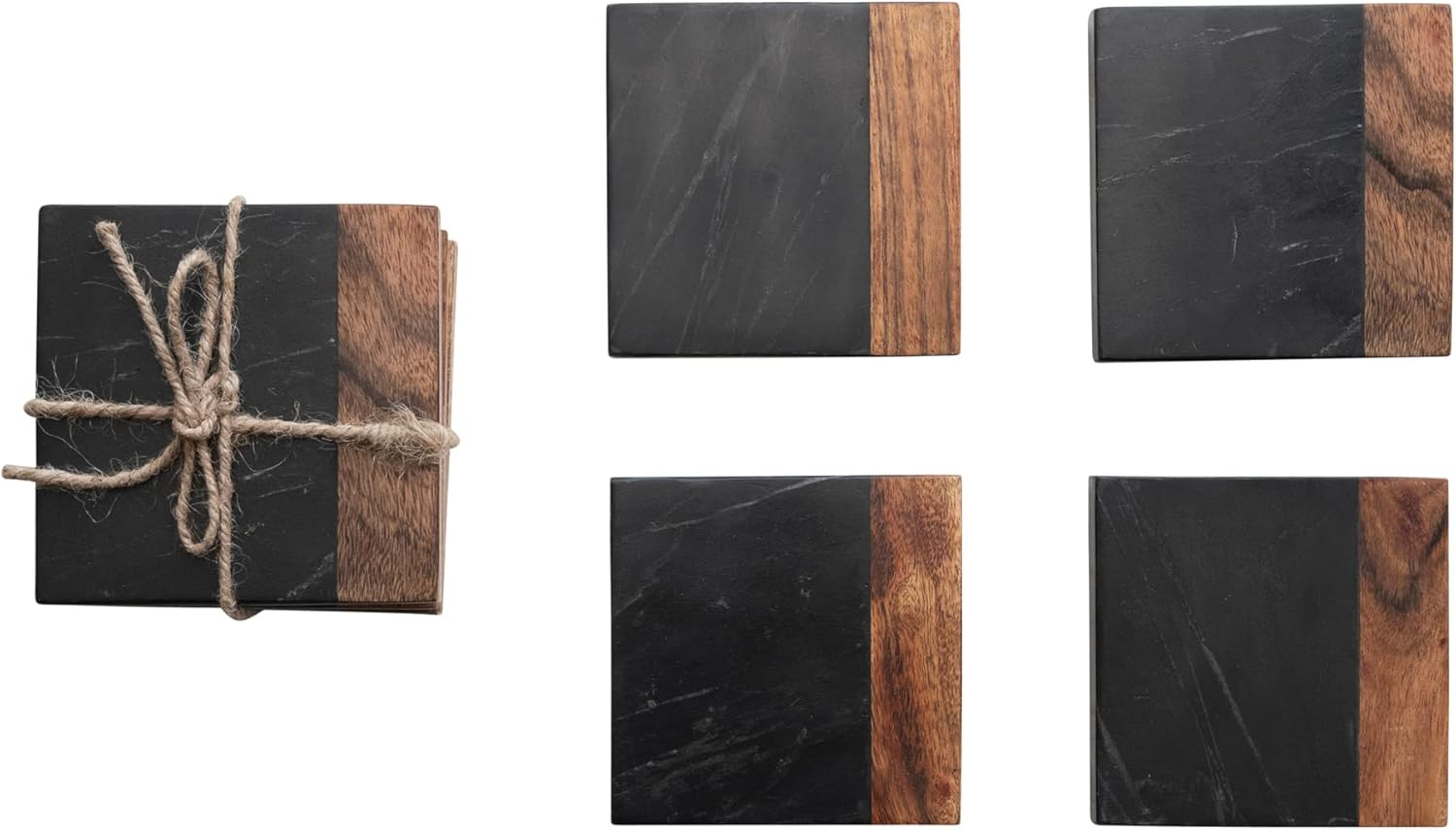 Creative Co-Op Marble and Acacia Wood 2-Tone Coasters, Black and Natural, Set of 4
