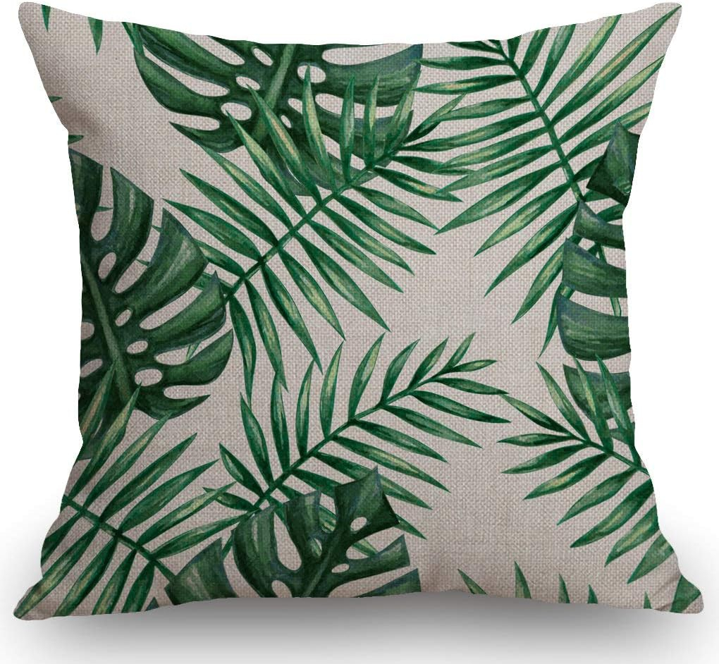 SSOIU Farmhouse Decorative Throw Pillow Cover Watercolor Tropical Palm Leaves Green Leaf Decoration Home Decor Cotton Linen Cushion Case for Sofa Couch, 18" x 18"