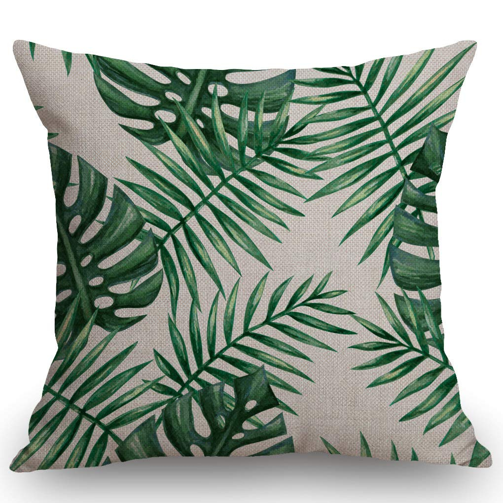 SSOIU Farmhouse Decorative Throw Pillow Cover Watercolor Tropical Palm Leaves Green Leaf Decoration Home Decor Cotton Linen Cushion Case for Sofa Couch, 18" x 18"
