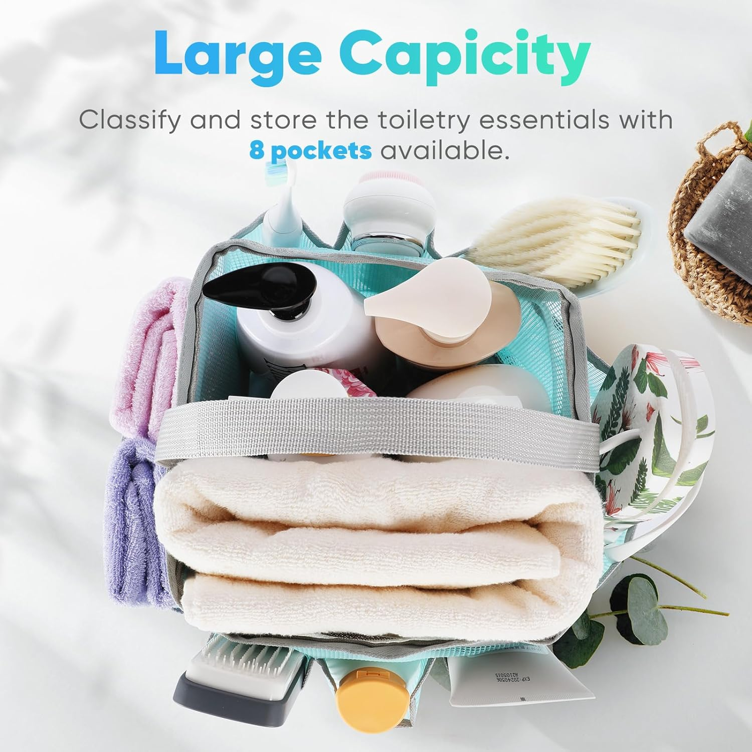 Mesh Shower Caddy Portable, 8-Pocket Large Capacity, Quick Dry, Easy Clean, for Beach, Swimming, Gym, Travel