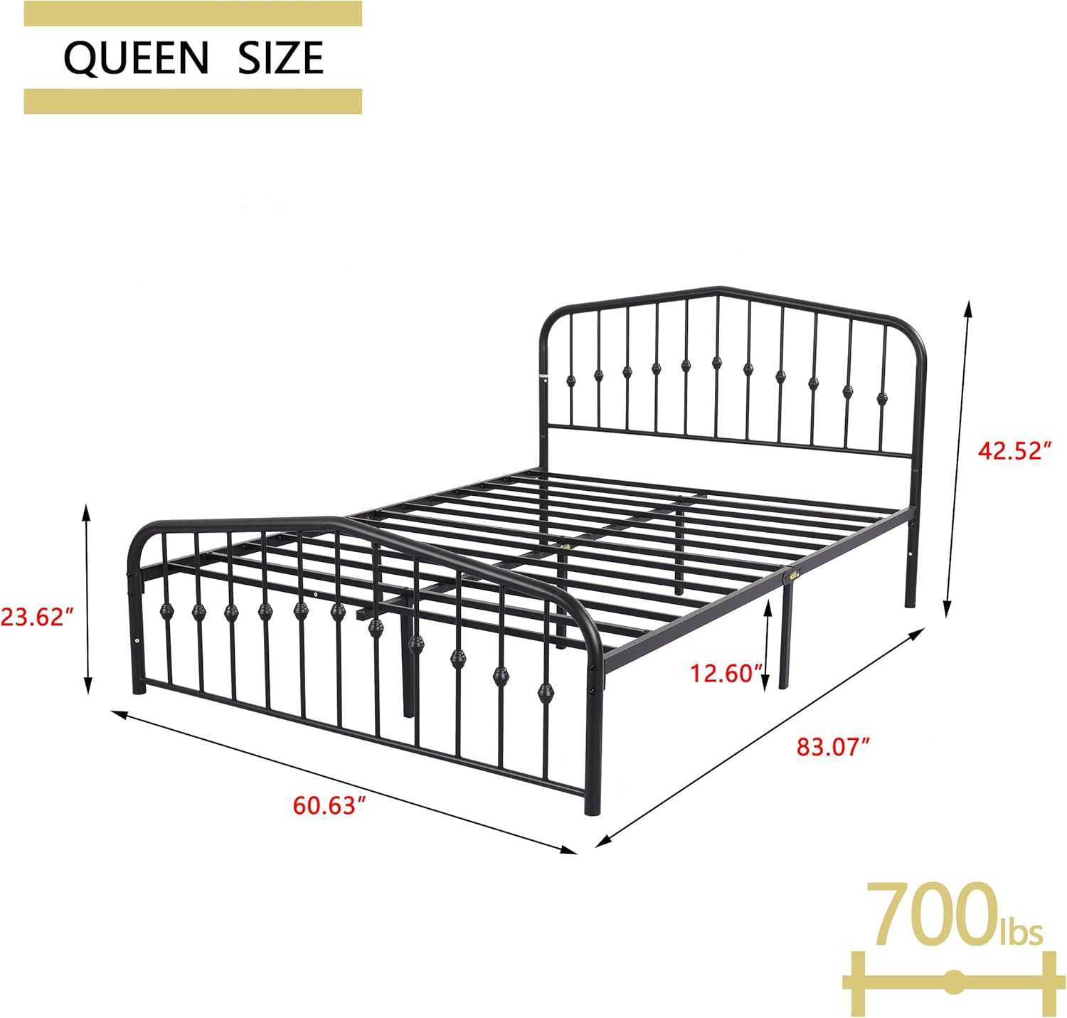 alazyhome Metal Bed Frame Queen Size Platform No Box Spring Needed with Vintage Headboard and Footboard Premium Steel Slat Support Mattress Foundation Black.
