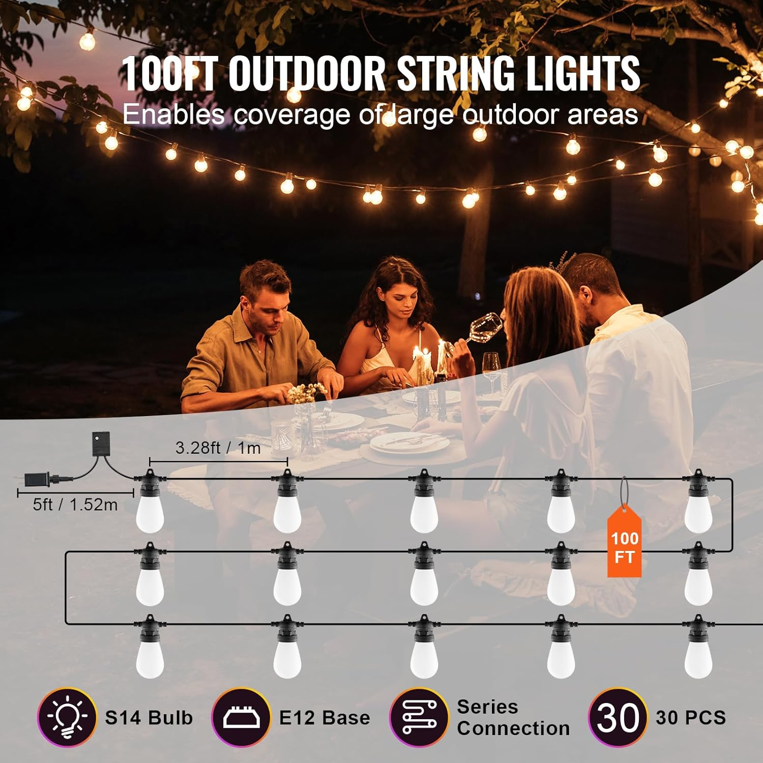 VEVOR RGB Outdoor String Lights, 100FT, Outside Patio Lights with APP Control 30 Bulbs, 15 Single-Color Adjustable Brightness Time Setting, Waterproof Hanging Lights for Halloween Decoration Christmas