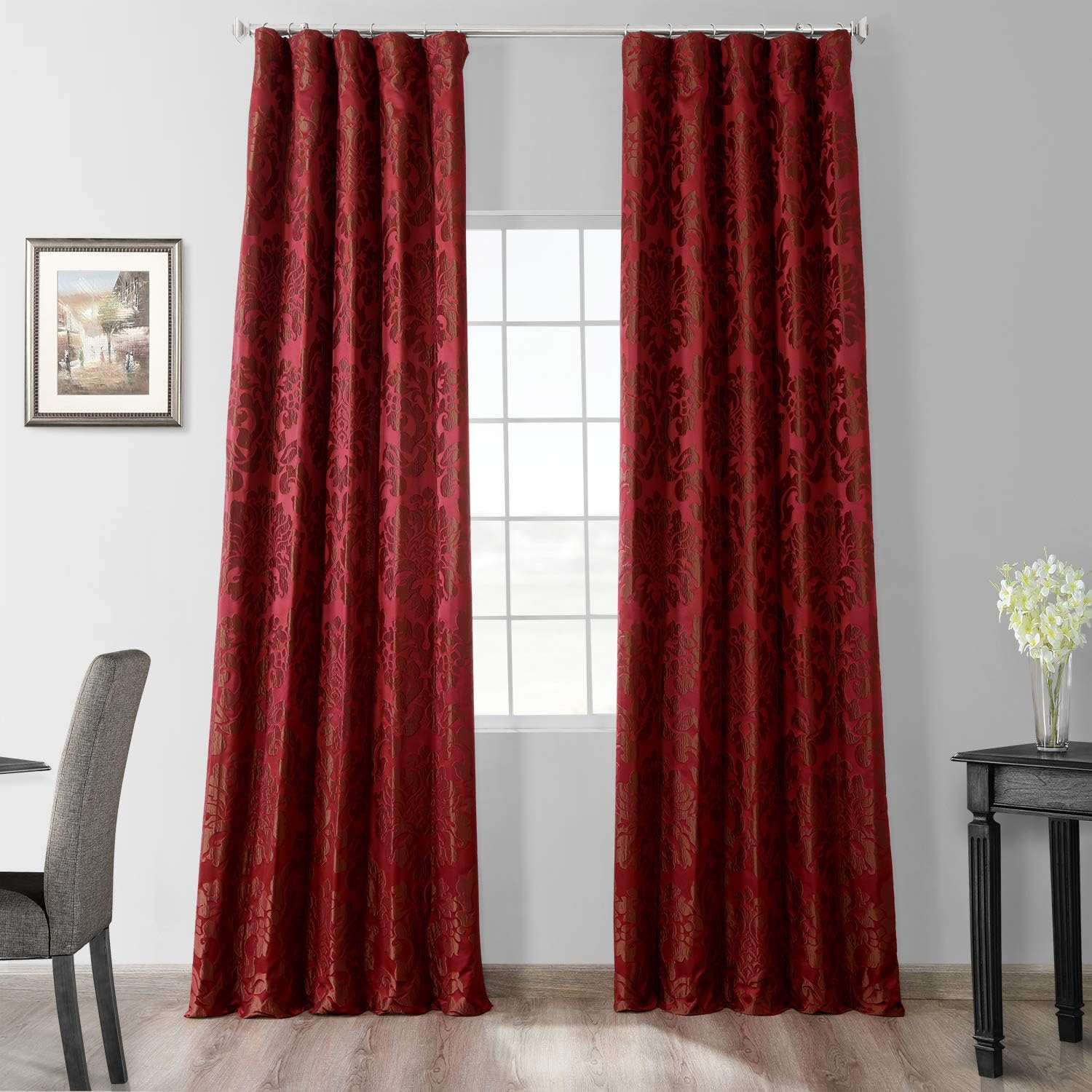Astoria Red Faux Silk Damask Room-Darkening Curtain Panel 50 x 96
