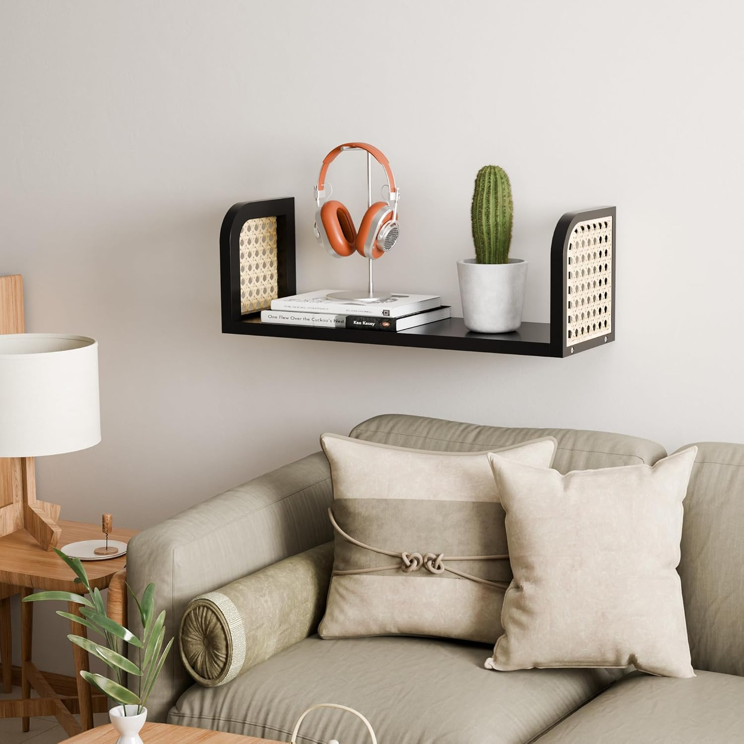 Black Rattan Wall Shelf, Hanging Book Shelves for Wall, Decorative Shelves for Natural Nursery Decor, Picture Ledge Shelves, Wall Mail Organizer, Floating Rattan Shelf for Office, Bedroom,Bathroom
