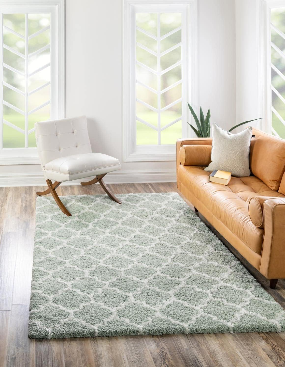 Ivory and Cyan Geometric Shag Indoor Area Rug