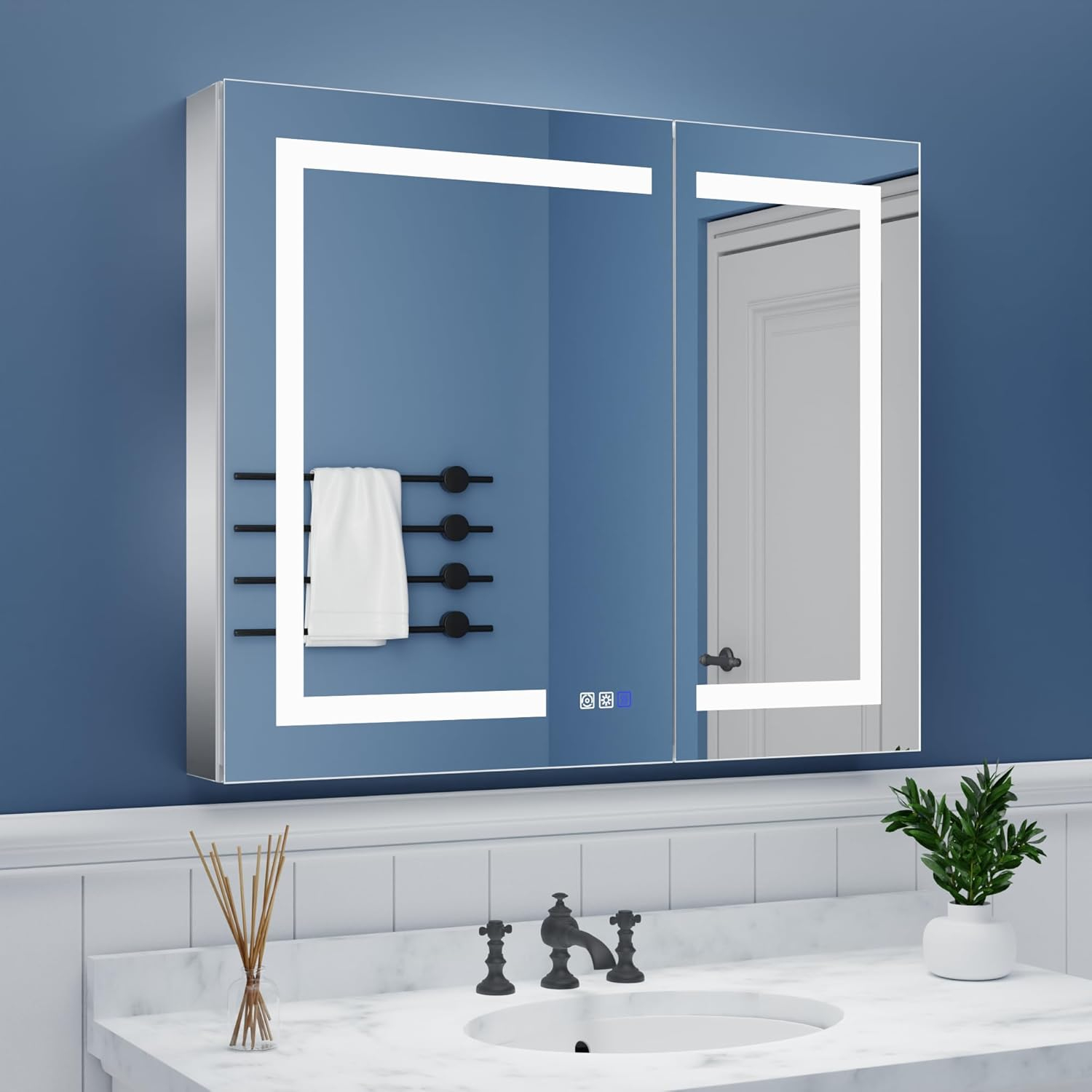 ExBrite Lighted Medicine Cabinet 36x30 Inch,Recessed or Surface led Medicine Cabinet, Three Glass Shelves,Defog,Stepless Dimming,Medicine Cabinet with Lights 3-Color Temper Change, Outlets & USBs