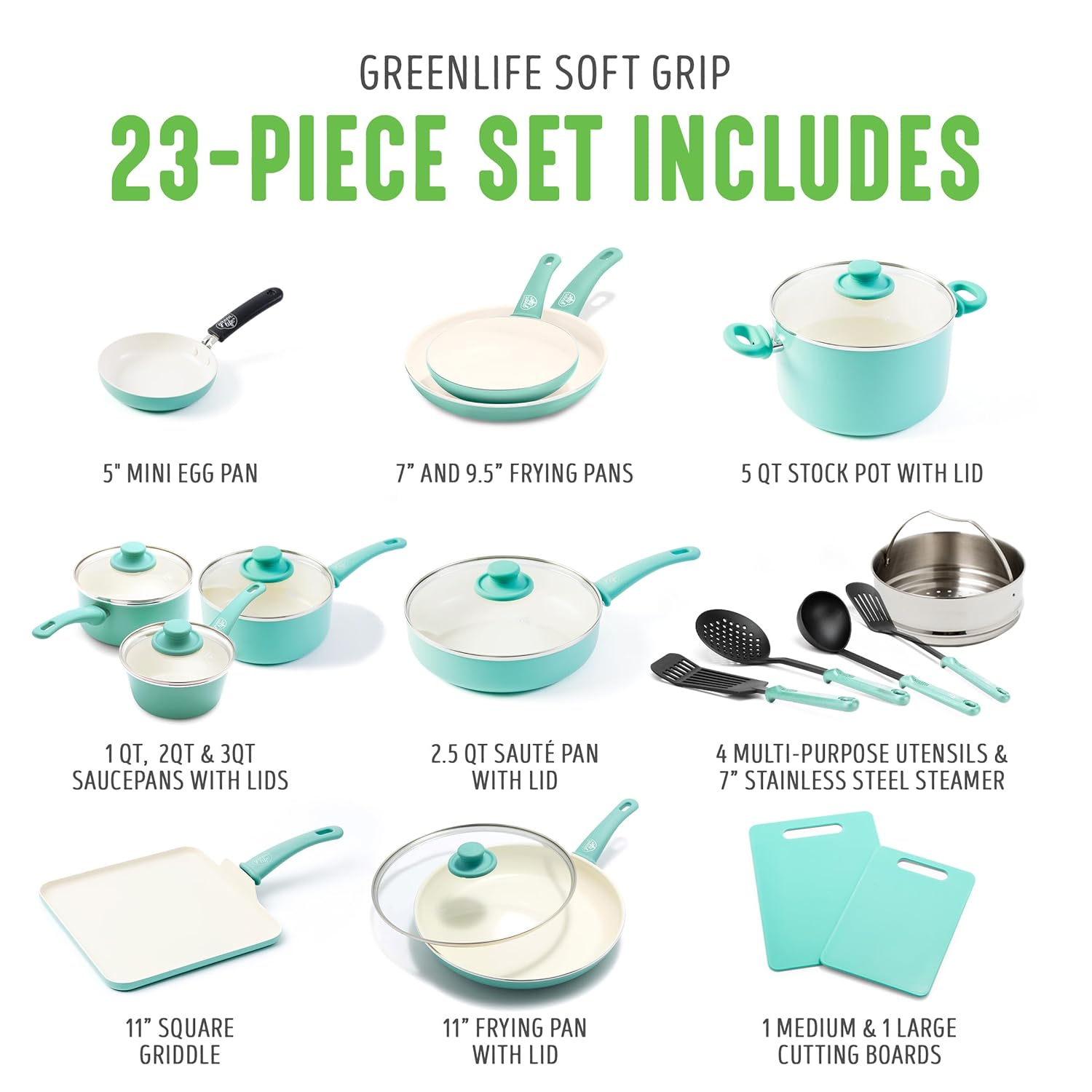 Turquoise Ceramic Nonstick 23-Piece Cookware Set with Glass Lids