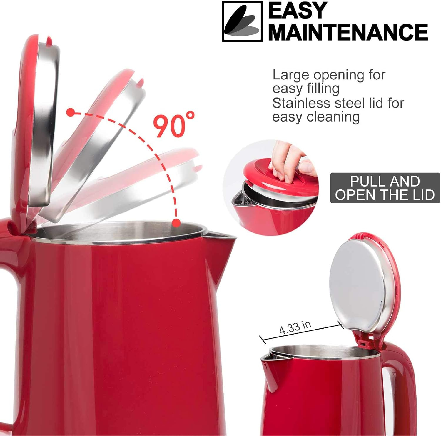 Secura Stainless Steel Double Wall Electric Kettle Water Heater for Tea Coffee w/Auto Shut-Off and Boil-Dry Protection, 1.0L (Red) SWK-1001DR/HB-K012