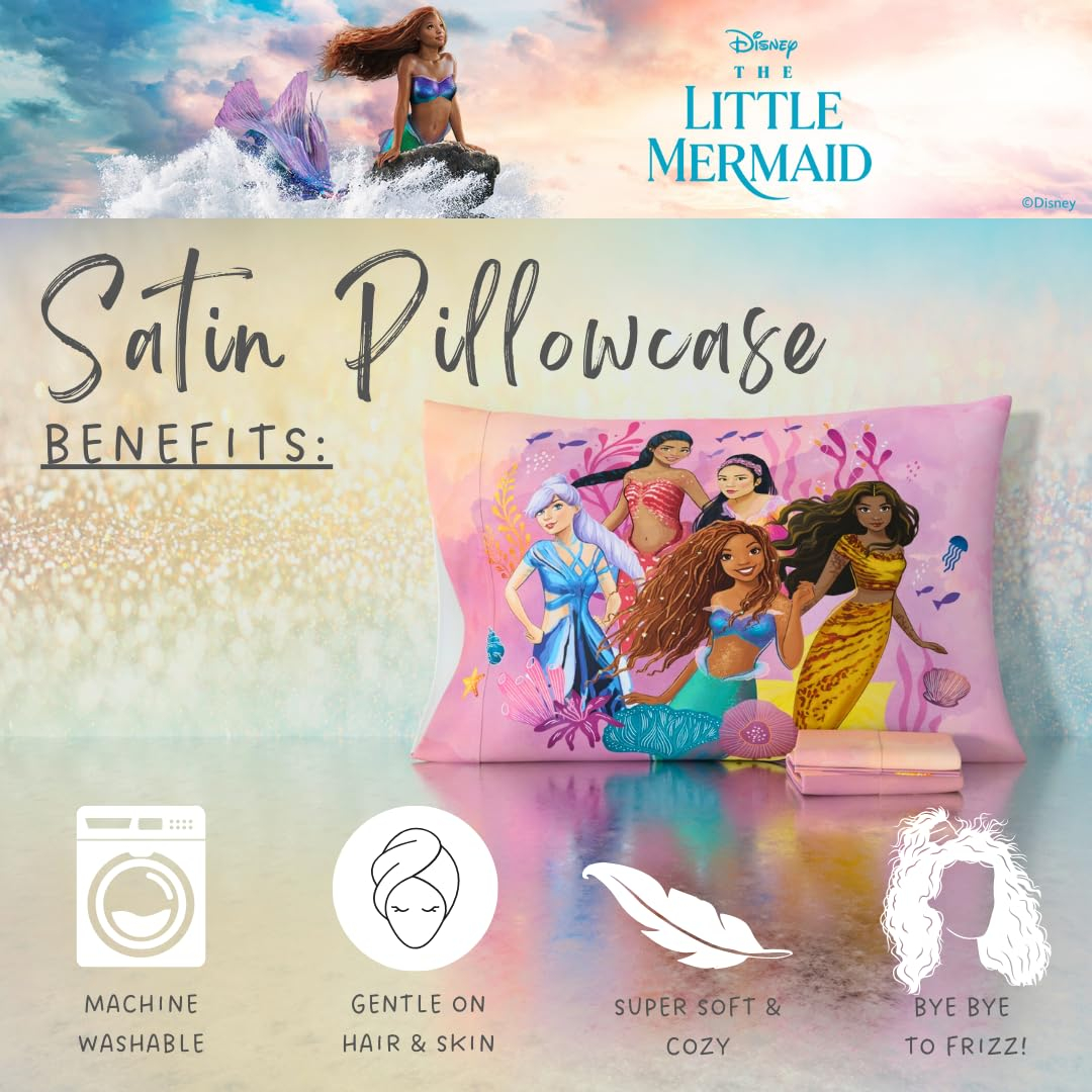 Franco The Little Mermaid Live Action Kids Beauty Silky Satin Standard Reversible Pillowcase Cover 20x30 for Hair and Skin, (Official Licensed Product)