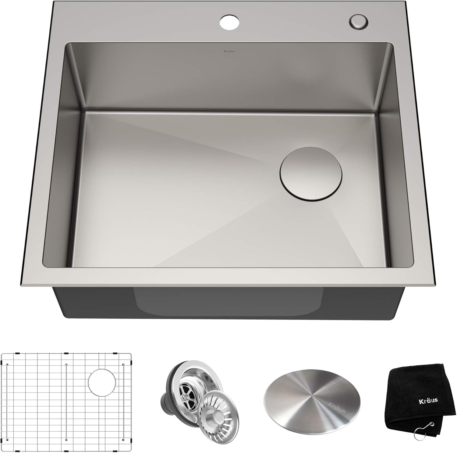 Kraus KHT411-25 Standart Pro Drop-in Topmount 16 Gauge Single Bowl 2-Hole Stainless Steel Set (5 Item Bundle: Sink, Bottom Grid, Assembly, Drain Cap, Kitchen Towel), 25 Inch, Tight Radius