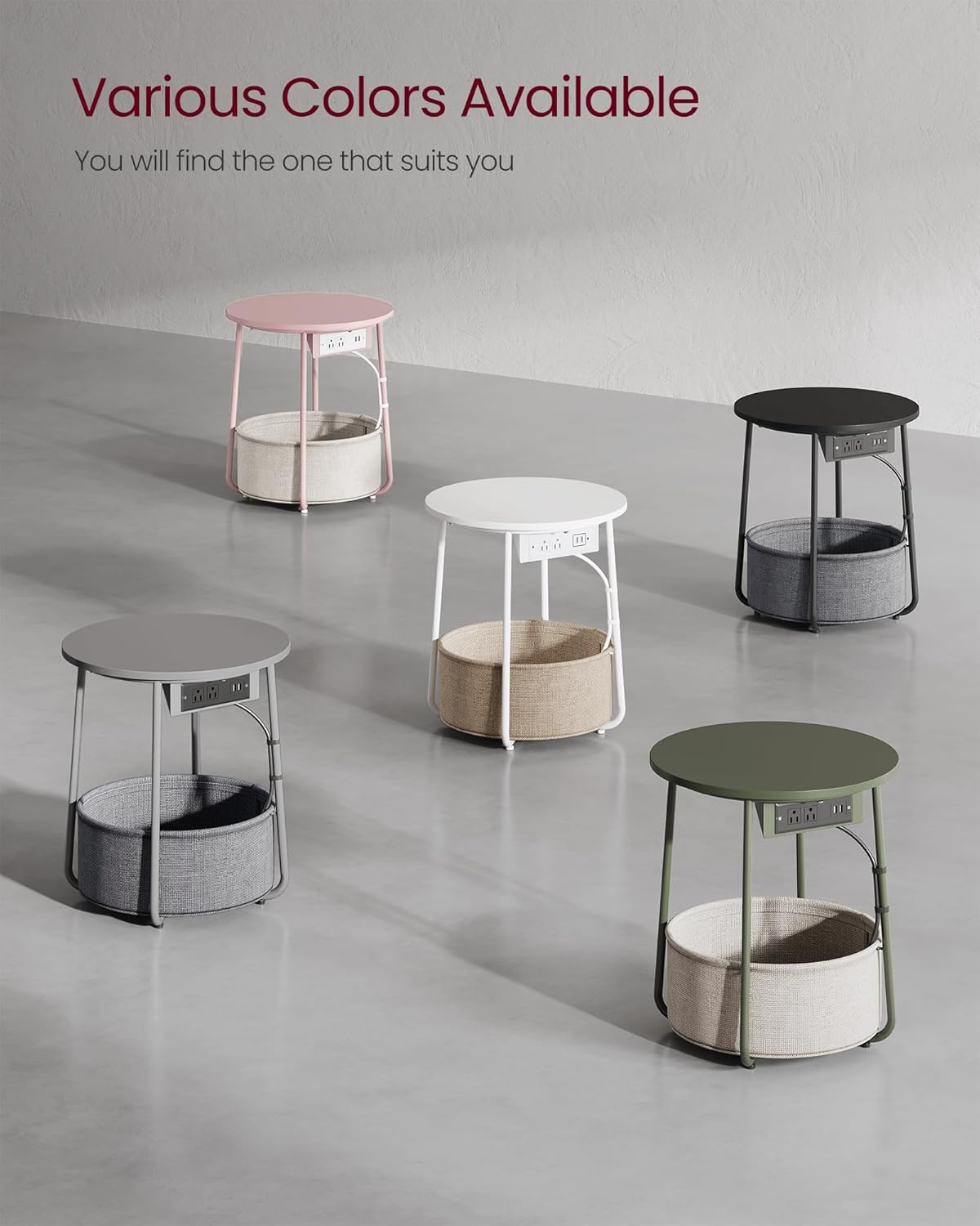 Ebony Black and Slate Gray Round Metal Side Table with Charging Station
