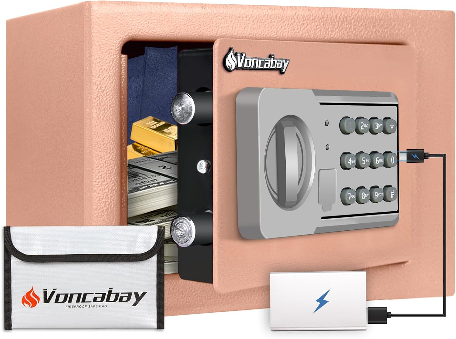 Voncabay Money Safe Box for Home with Sensor Light and Mute Function & Fireproof Security Safe Box with Emergency Power Outlet & with Digital Keypad-khaki