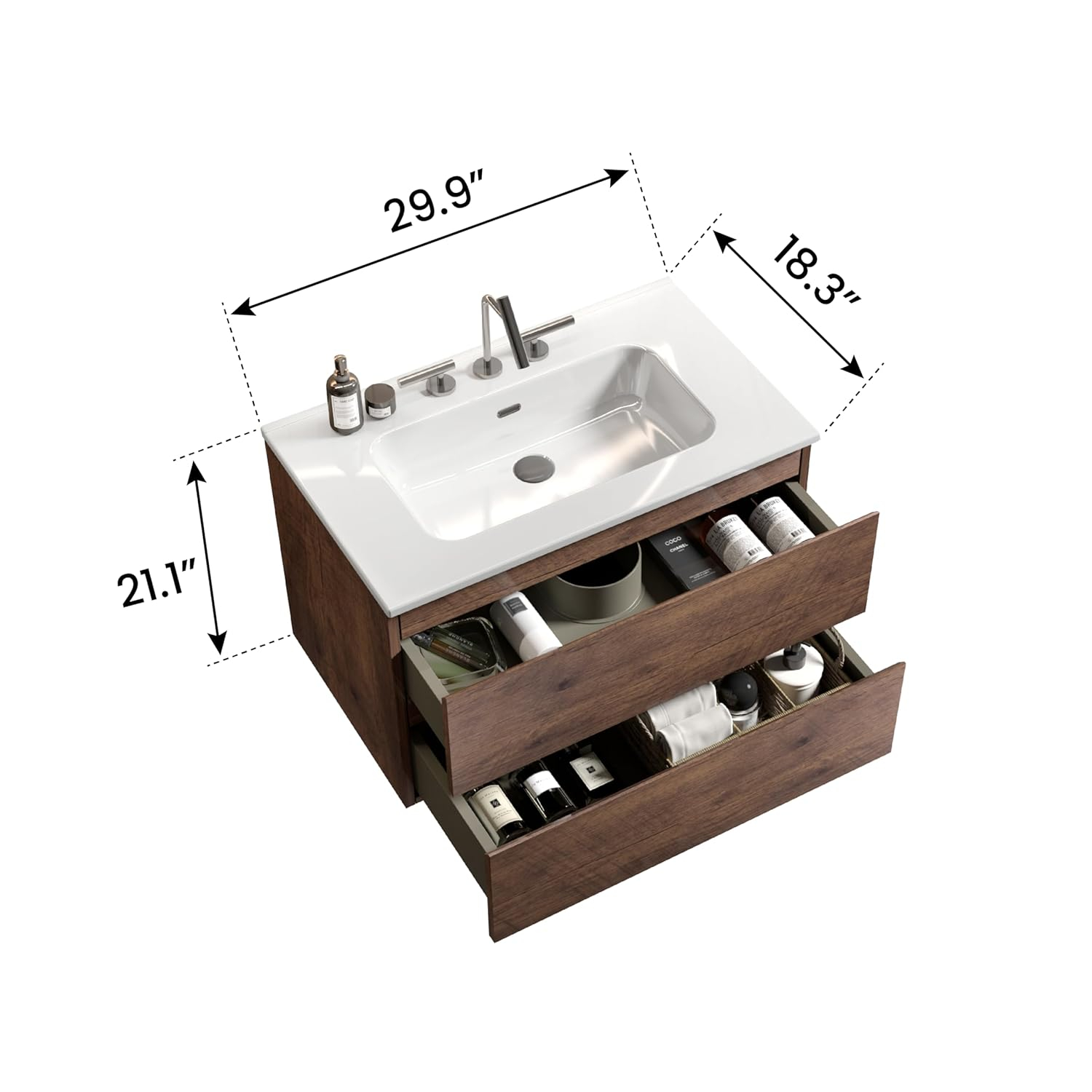 CITTANEO 24" Floating Modern Bathroom Vanity with 3-Hole Ceramic Sink in Walnut