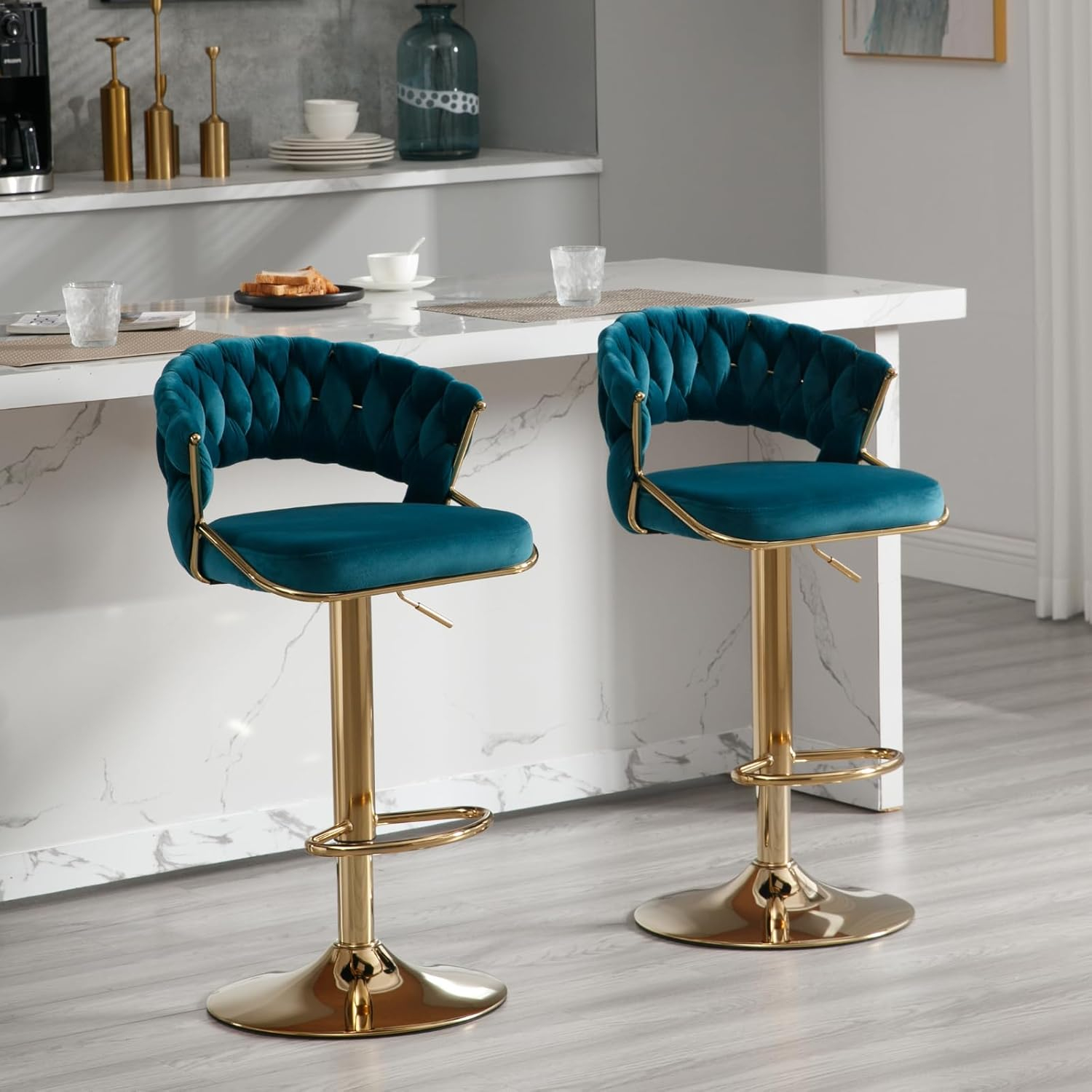 Modern Velvet Adjustable Swivel Bar Stools Set of 2 Orange