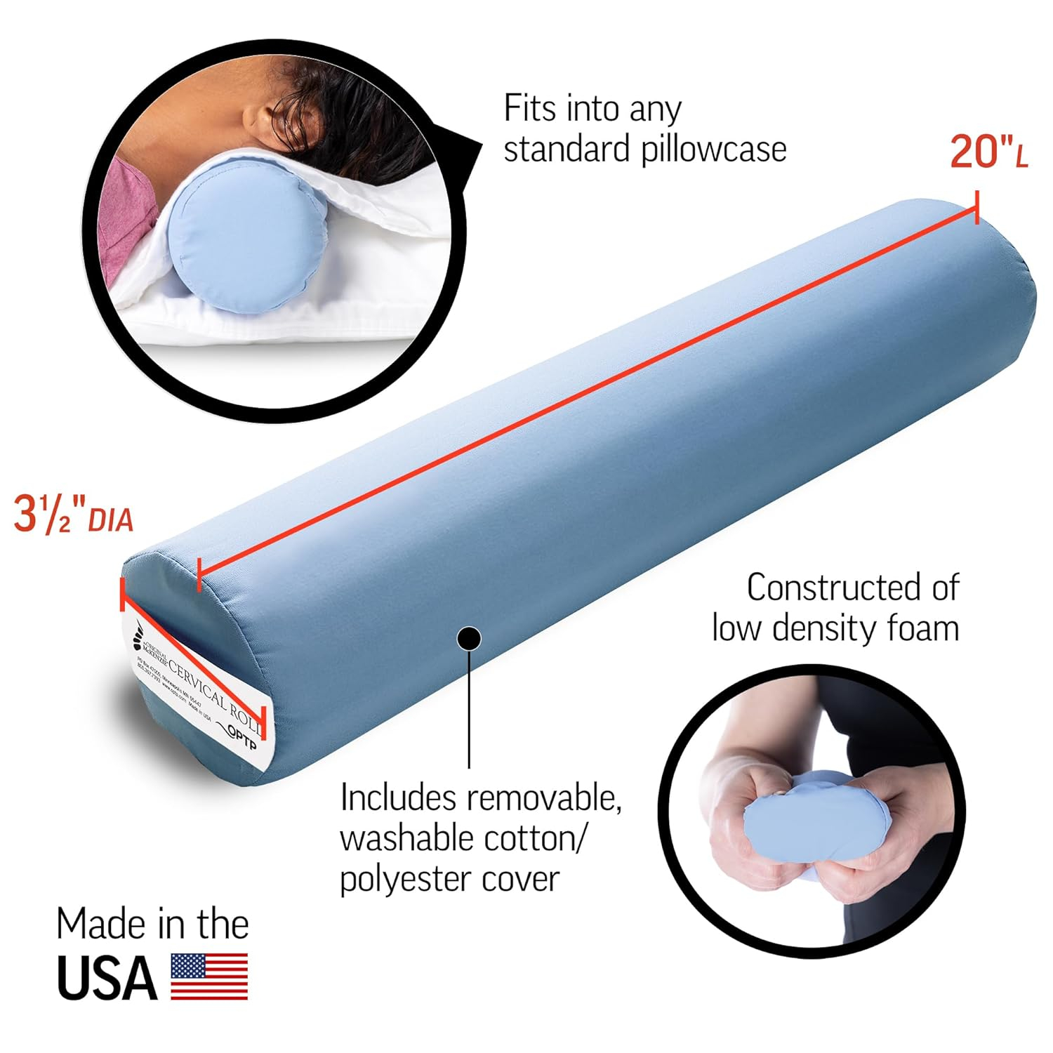 The Original McKenzie Cervical Roll by OPTP, Neck Support Pillow to Relieve Cervical, Neck, and Back Pain - Round Pillow for Improved Sleeping Support - Made in the USA