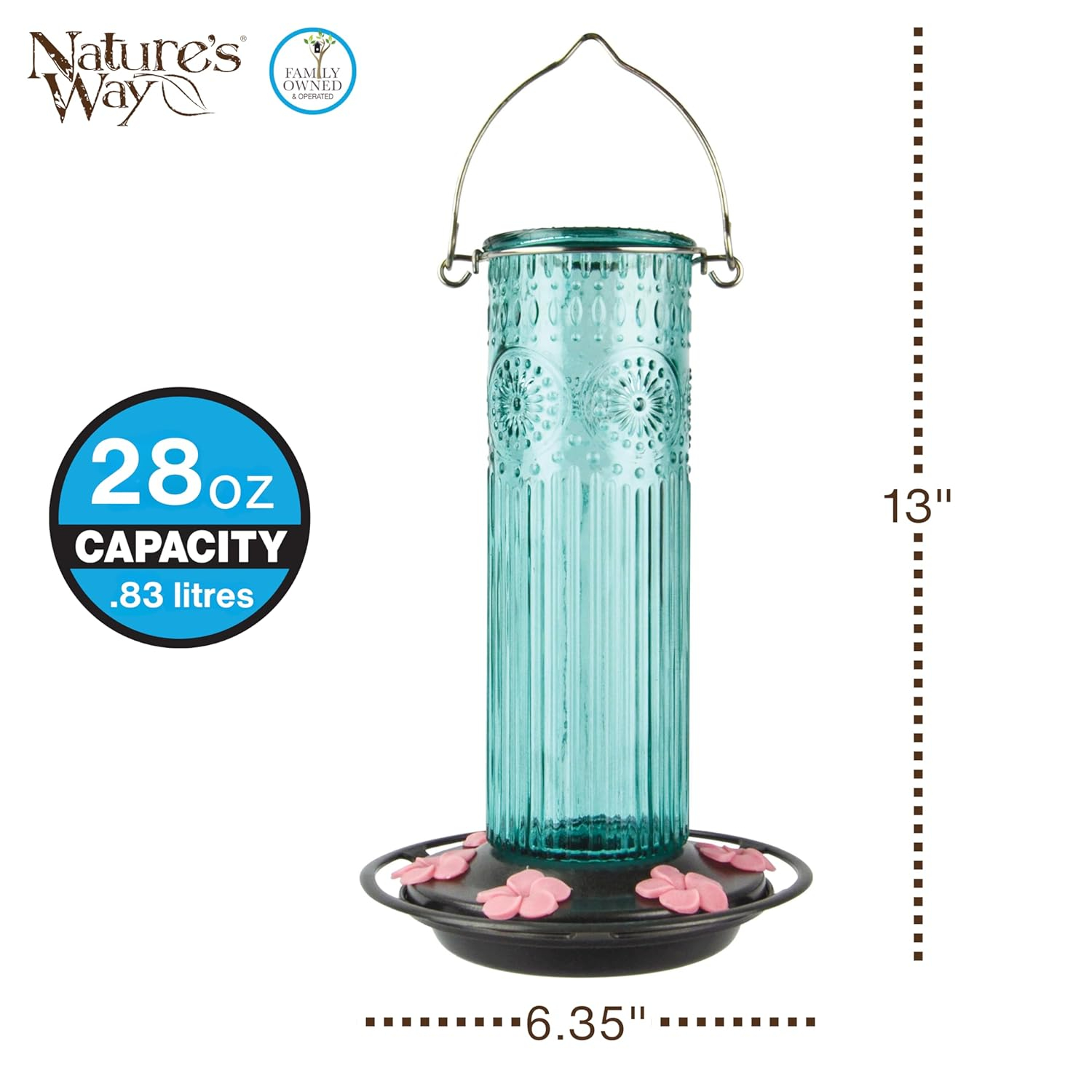 Nature's Way Antique Glass Gravity Hummingbird Feeder 28 oz, Antique Teal