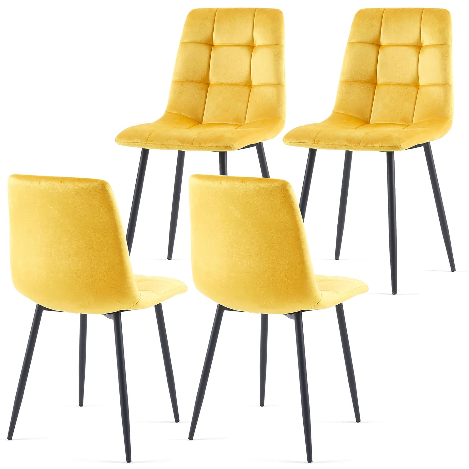 Modern Dining Chair Velvet Set of 4,Upholstered Living Room Chair with No Arms Side Chair High-Back Space Savining Accent Chair with Metal Legs for Dining Room,Living Room, Yellow