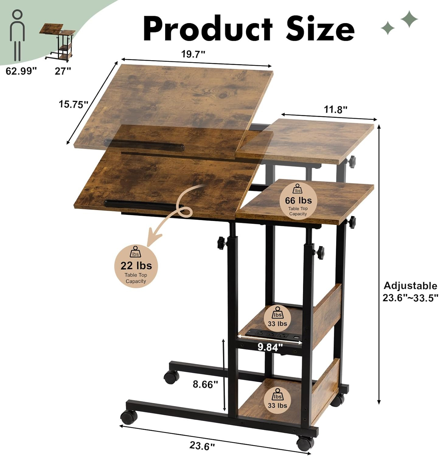 Hadulcet Adjustable C Table with Charging Station, Tiltable Desk C Shaped End Table for Couch, Over Bed Table with Wheels Adjustable Height, Hospital Table Laptop Stand Drawing Desk, Rustic Brown