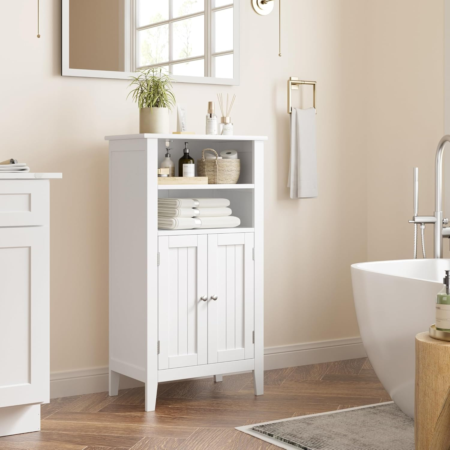 White Wooden Bathroom Cabinet with Adjustable Shelves