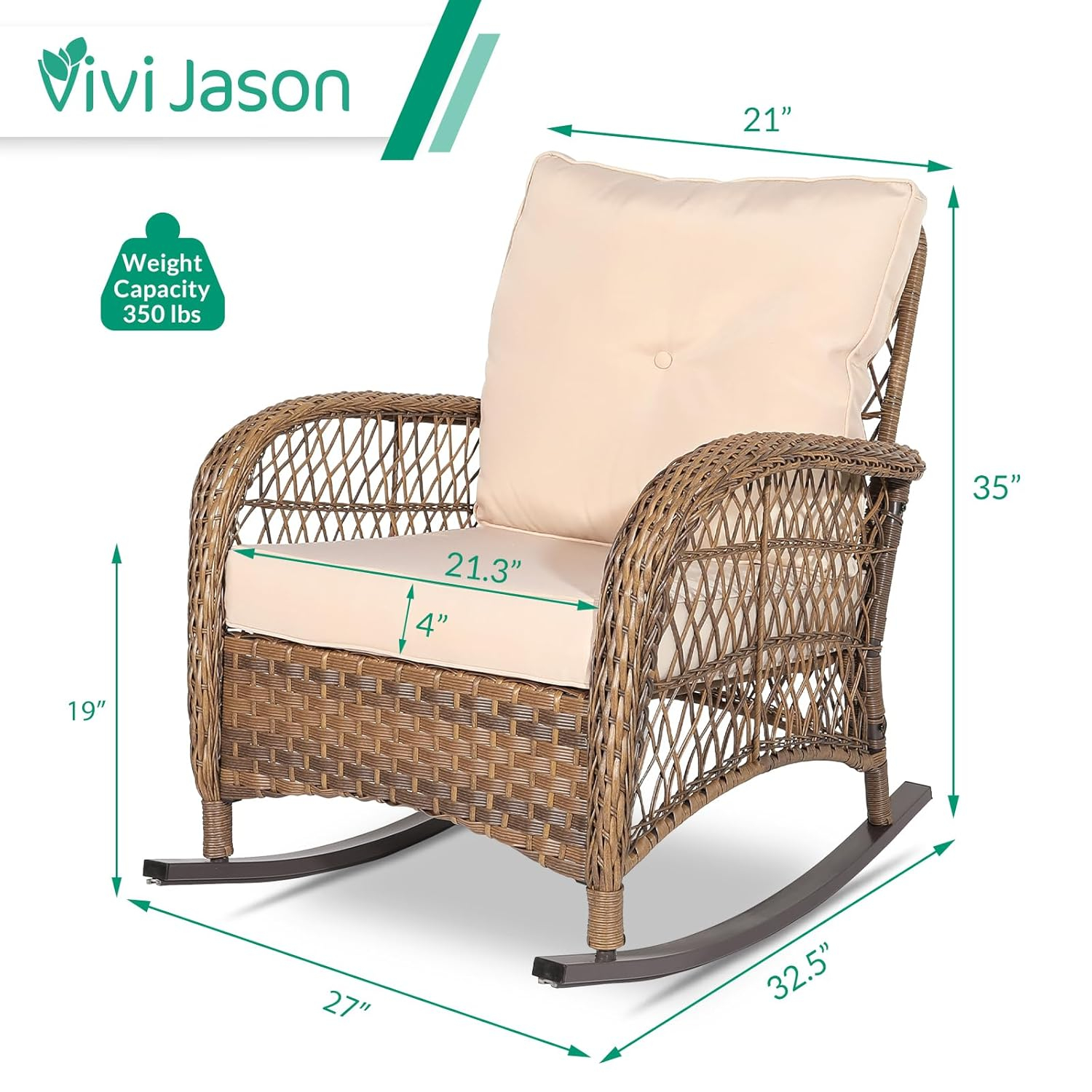 VIVIJASON 2 Piece Patio Wicker Rattan Rocker Chair, Outdoor Rattan Rocker Chair with Cushions & Steel Frame, All-Weather Rocking Lawn Wicker Furniture for Garden Backyard Porch (Beige)