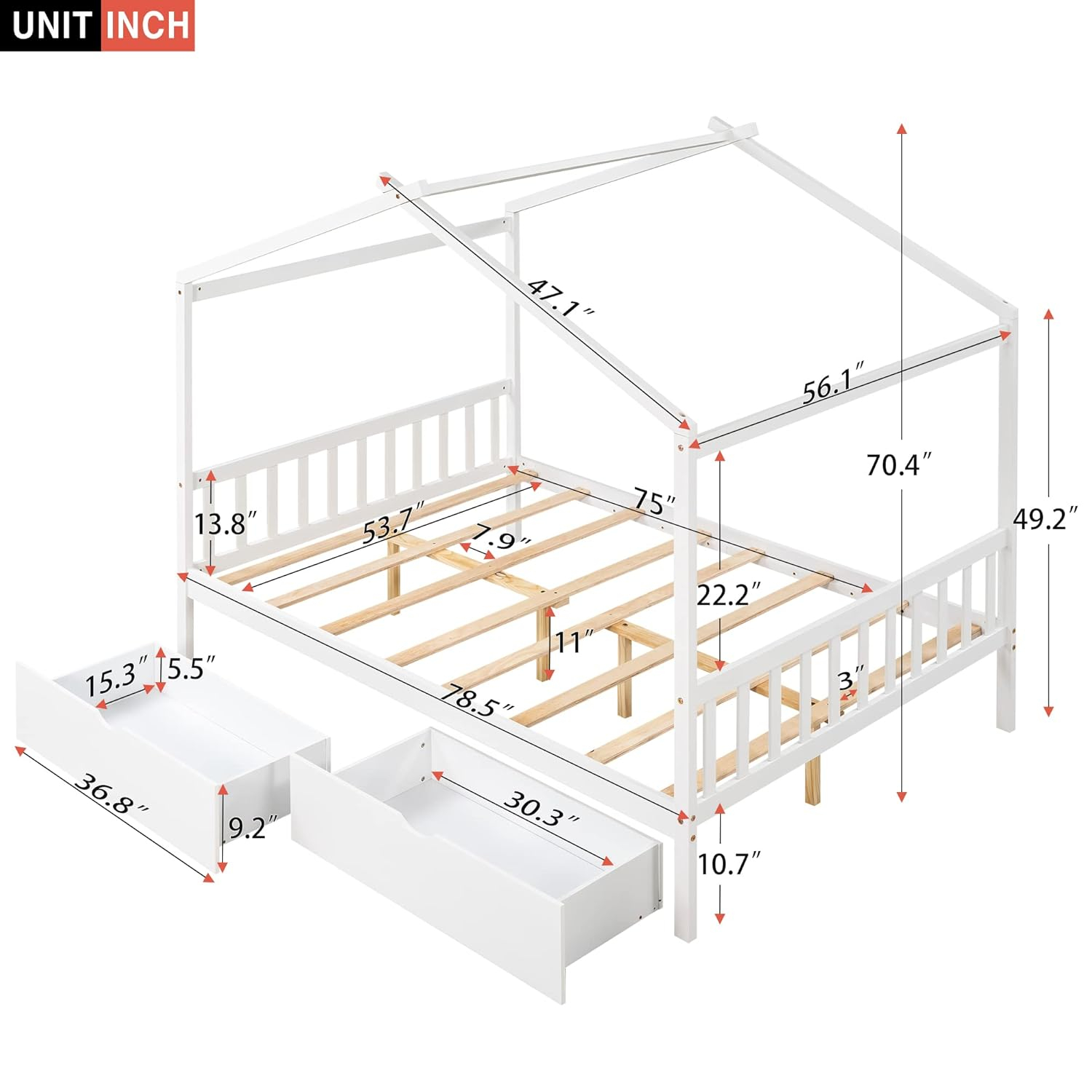 Kumix Platform Bed with Two Drawers, Wooden House Platform Bed Full Size with Headboard and Footboard, Roof Design for Kids Teens Boys and Girls, Noise-Free, No Box Spring Needed, White