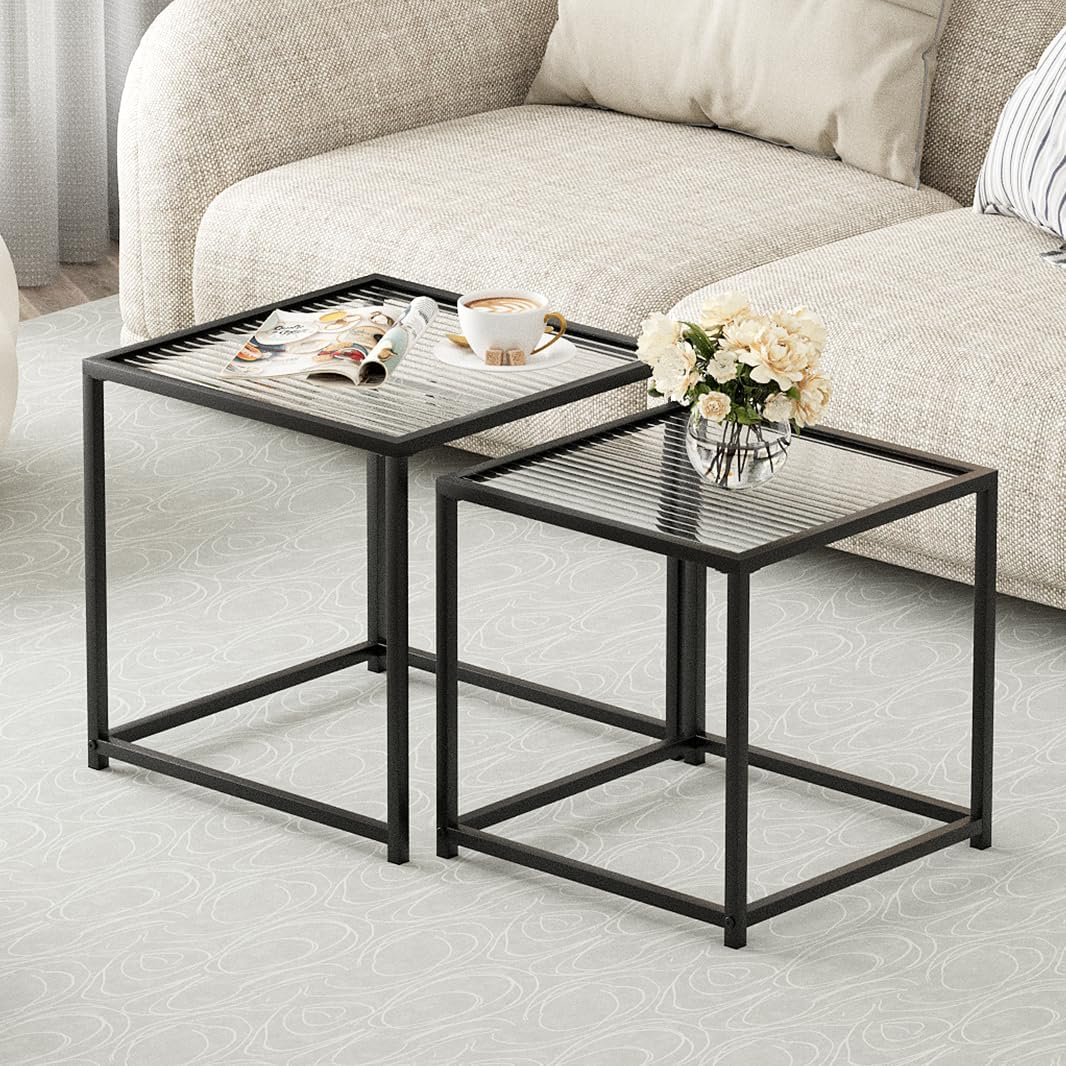 VILAWLENCE Coffee Table Set of 2, Modern Black Patterned Glass Side Table, Metal Frame Square End Table, Center Tables Nesting Coffee Table for Living Room,Bedroom and Small Spaces