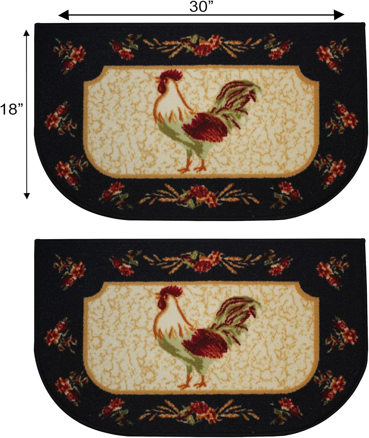 Kashi Home Kitchen Rug, Printed Area Rug, Durable Floor, Door Mat, Farmhouse Non-Slip Carpet Latex Backing Beautiful Design Rooster 3pc Set (2 18x30 D Shape & 1 20x40)