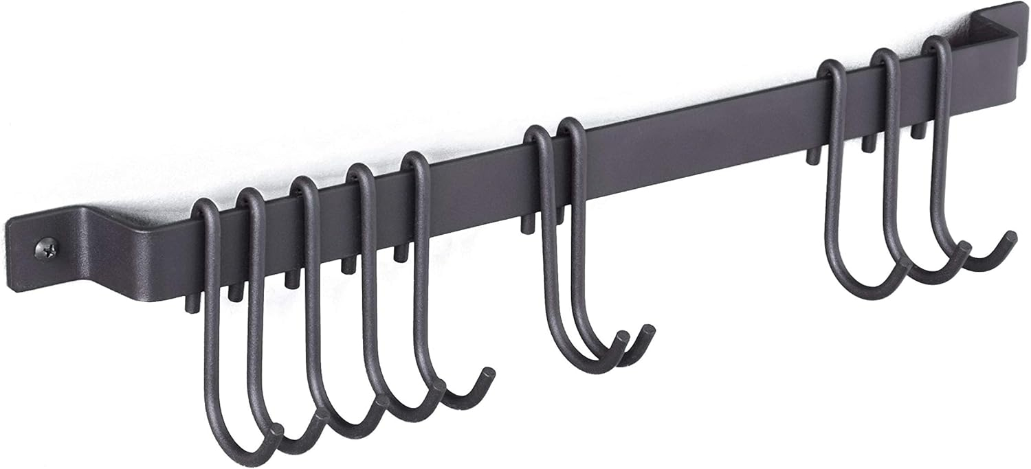Wallniture Gourmet Kitchen Rail with 10 Hooks, Wall Mounted Wrought Iron Hanging Utensil Holder Rack with Black 17 Inch