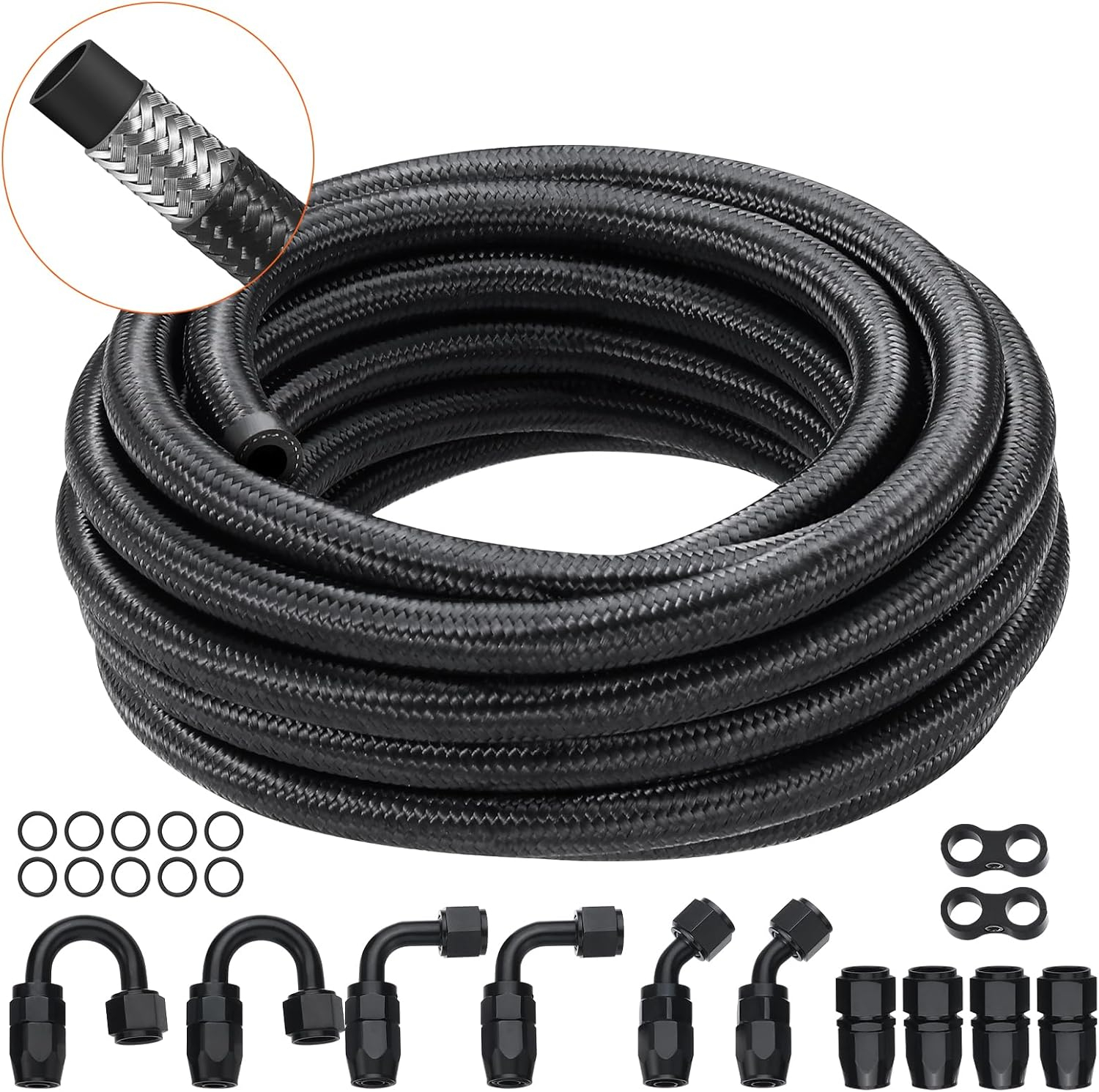 VEVOR 6AN Fuel Line Kit, 20 FT Fuel Hose Kit, 0.34" Nylon Stainless Steel Braided Fuel Line Oil/Gas/Diesel Hose End Fitting Kit, with 12 PCS Swivel Fitting Adapter Kit, Black