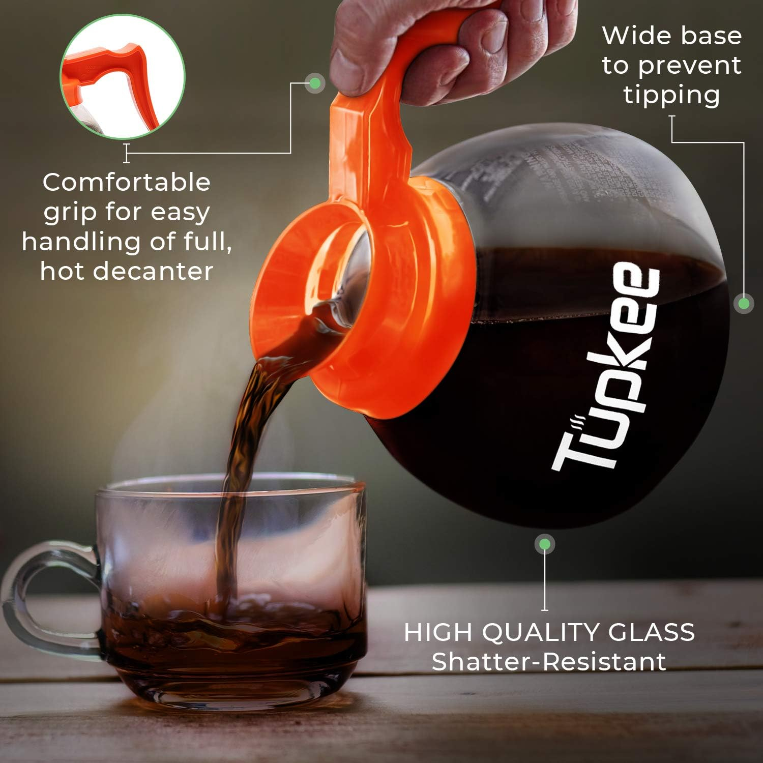 Tupkee Commercial Coffee Pot Replacement - Restaurant Glass Coffee Pots 12 Cup Decanter Carafe - 64 oz. 12-Cup, Orange Handle / Decaf