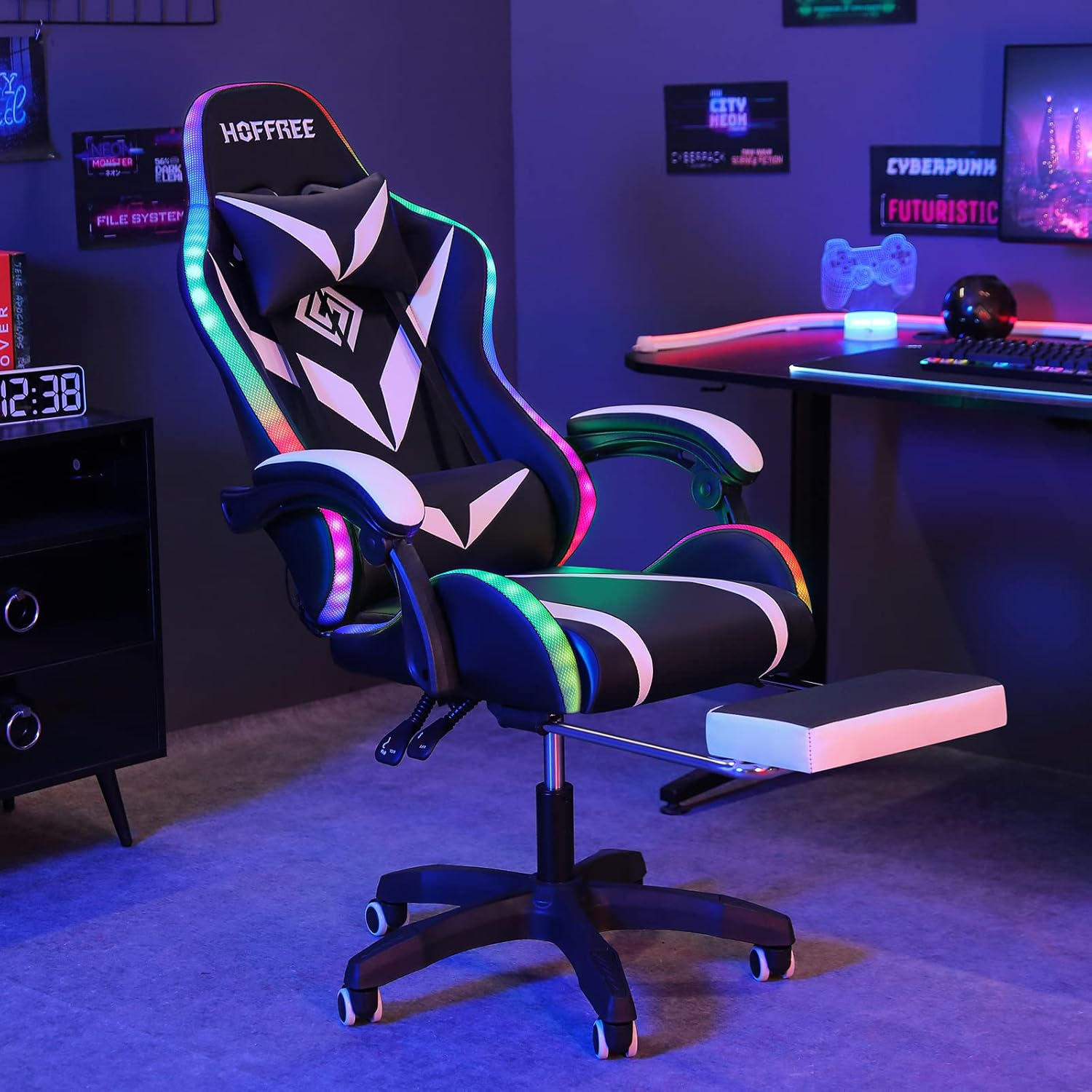 Gaming Chair with Bluetooth Speakers and RGB LED Lights Ergonomic Massage Computer Gaming Chair with Footrest Video Game Chair High Back with Lumbar Support White and Black