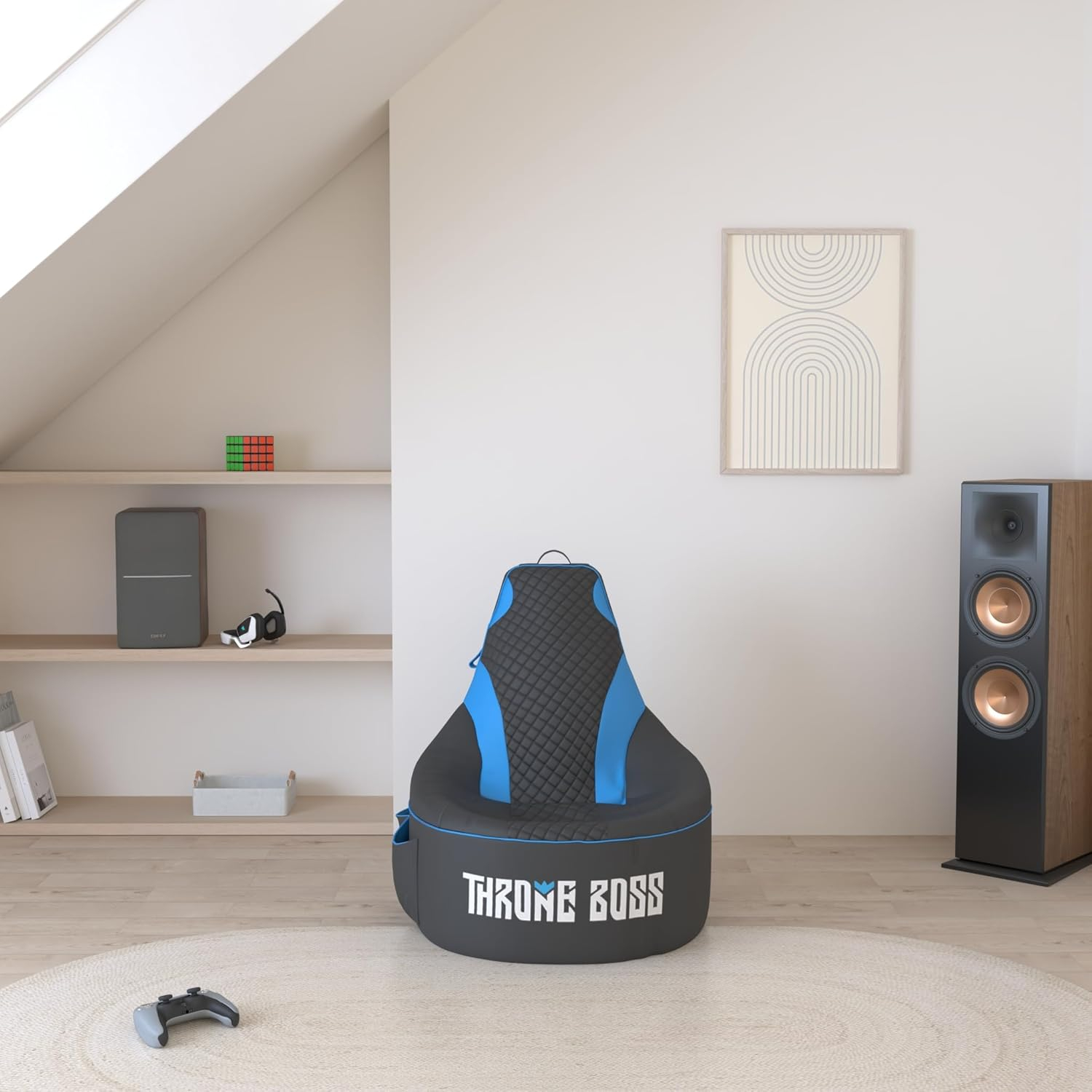 Gaming Bean Bag Chair for Adults and Teens [Cover ONLY No Filling] - High Back Beanbag or Dorm Chair with Cup Holder for Gamers (Black/Blue)