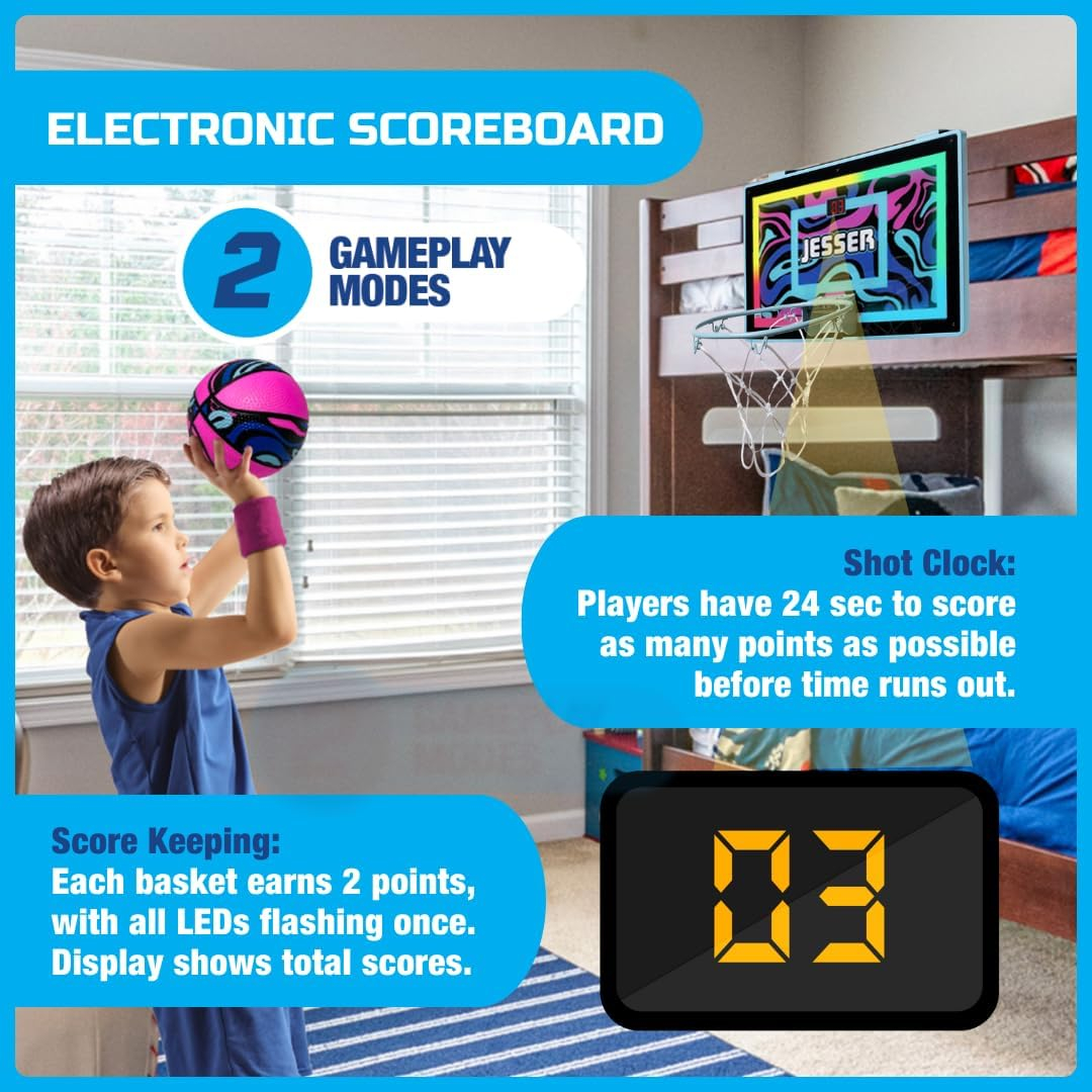 BucketSquad Jesser Hoop, Electronic over the Door Mini Digital Basketball Hoop Set with LED Lights